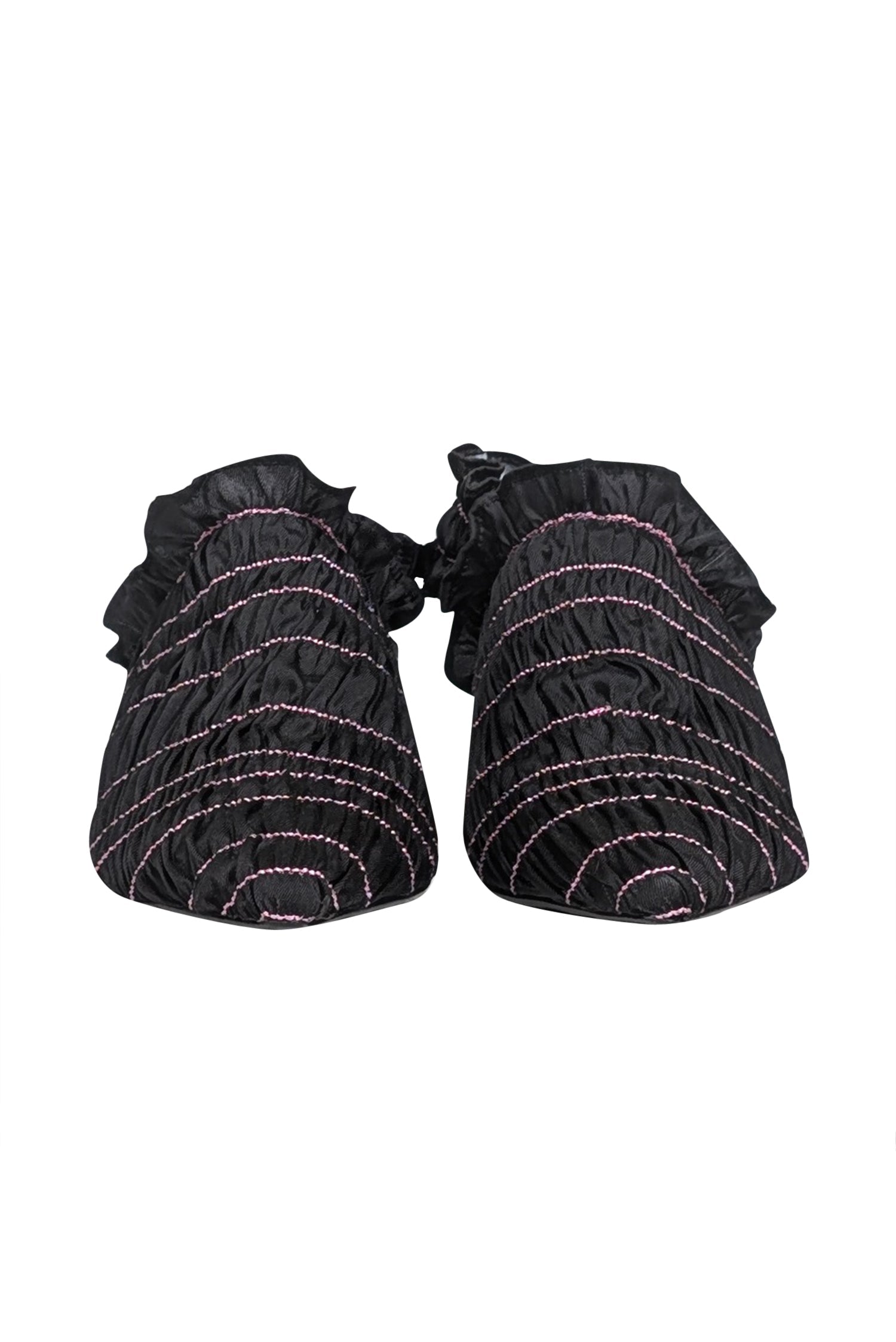 Amy Crookes' Stylish Black Smocked Ruffle Trim Strappy Back Heel - Size 6