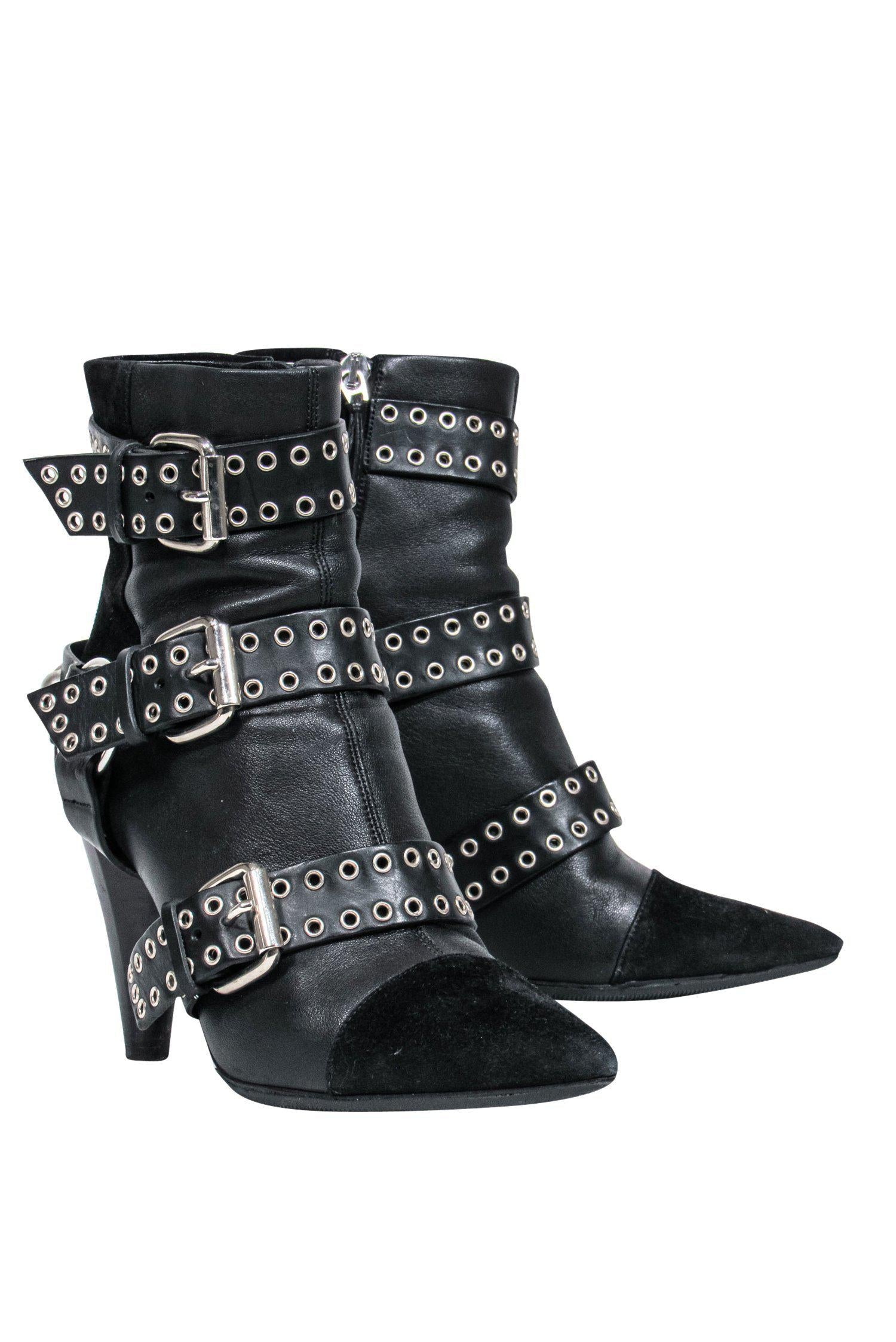 Isabel Marant Black Leather Buckled Heeled Booties with Suede Trim - Size 5.5