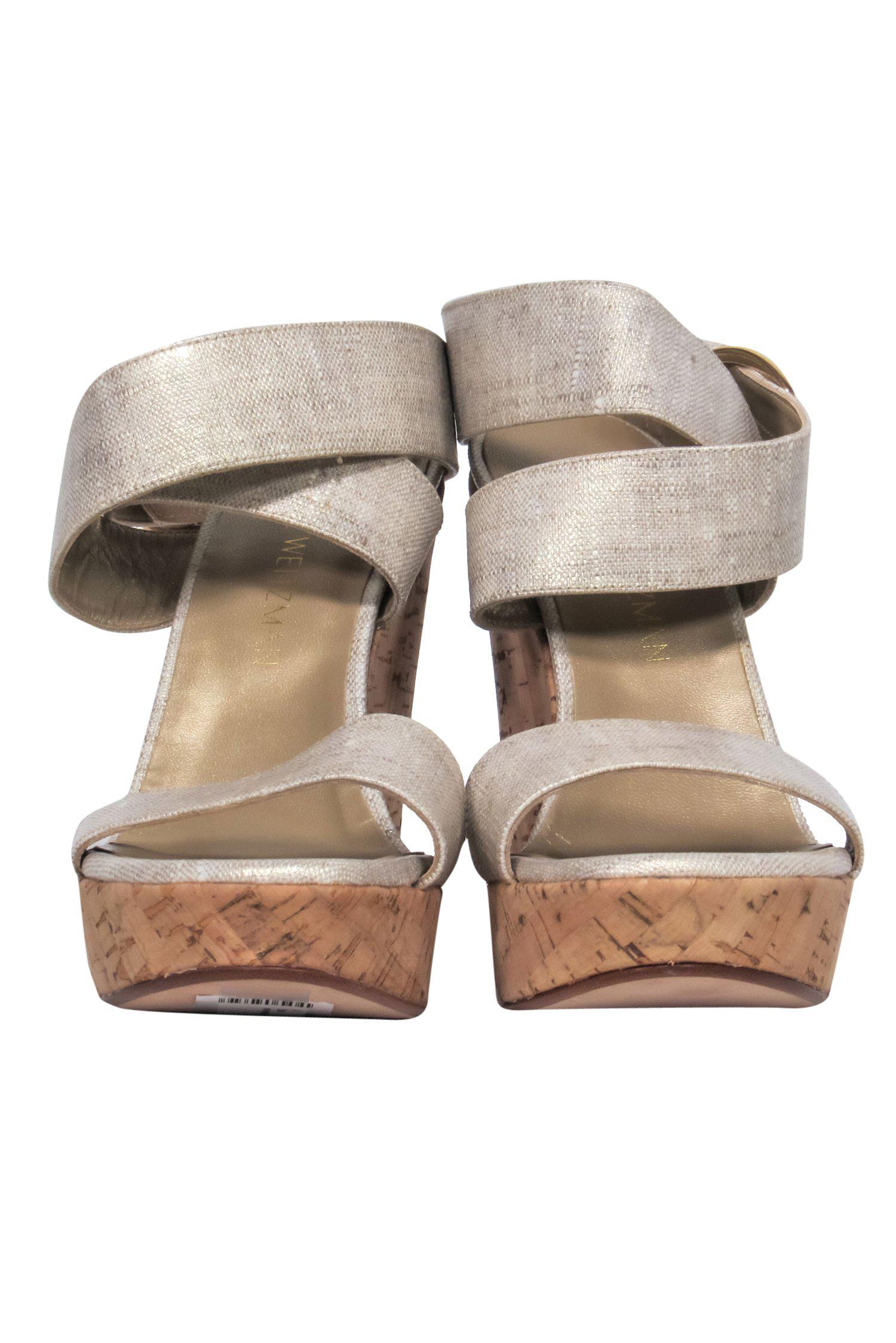 Stuart Weitzman's Gorgeous Champagne Strappy Cork Platform Wedges - Size 7.5