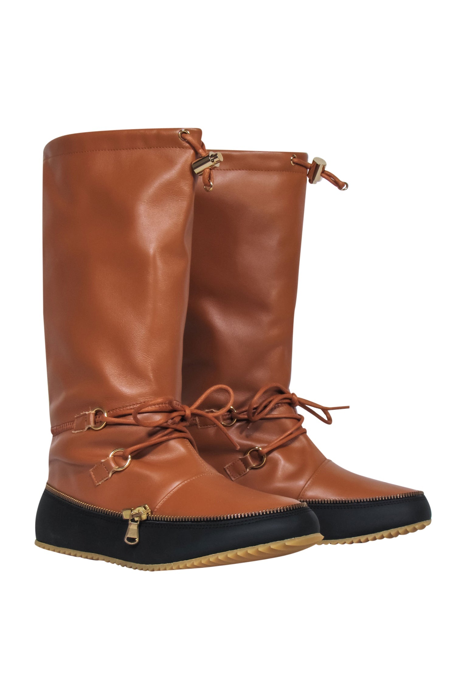 JW Anderson Stylish Brown & Black Leather Calf High Snow Boots - Size 8