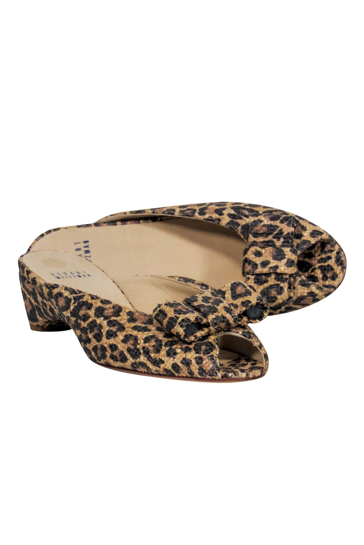 Stuart Weitzman Tan Leopard Print Woven Peep Toe Kitten Heels with Bow - Size 8: Unleash Your Fashion Fierceness!