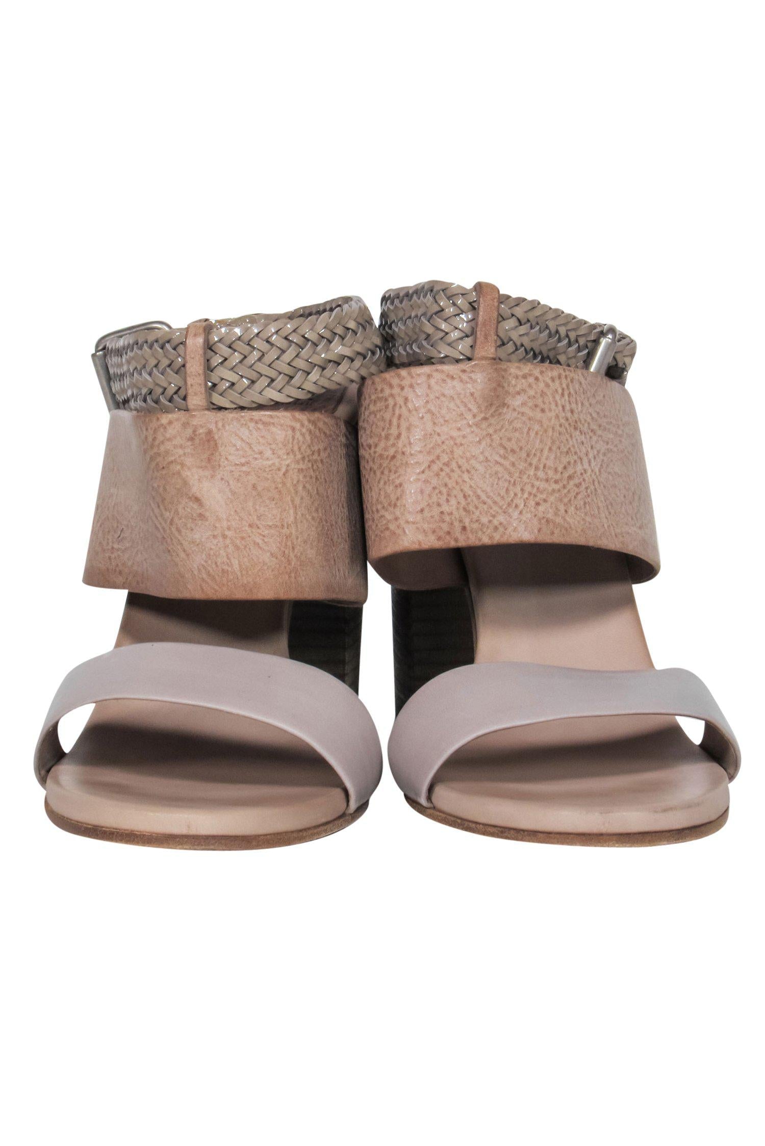 Brunello Cucinelli - Gorgeous Tan Pebbled & Braided Leather Block Mule Heels, Size 11