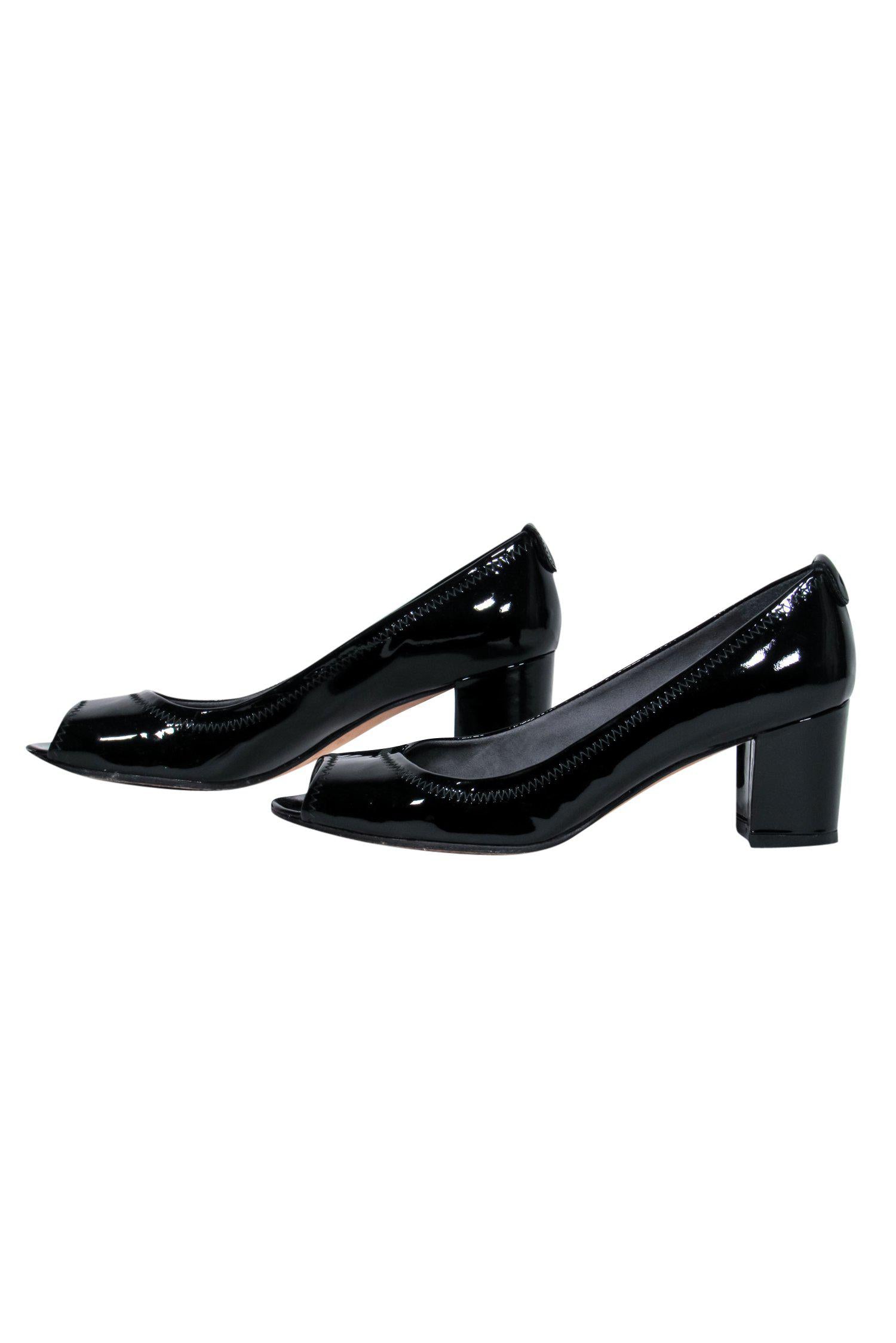 Stuart Weitzman Black Patent Leather Open Toe Block Heels - Size 7, Classic Elegance!