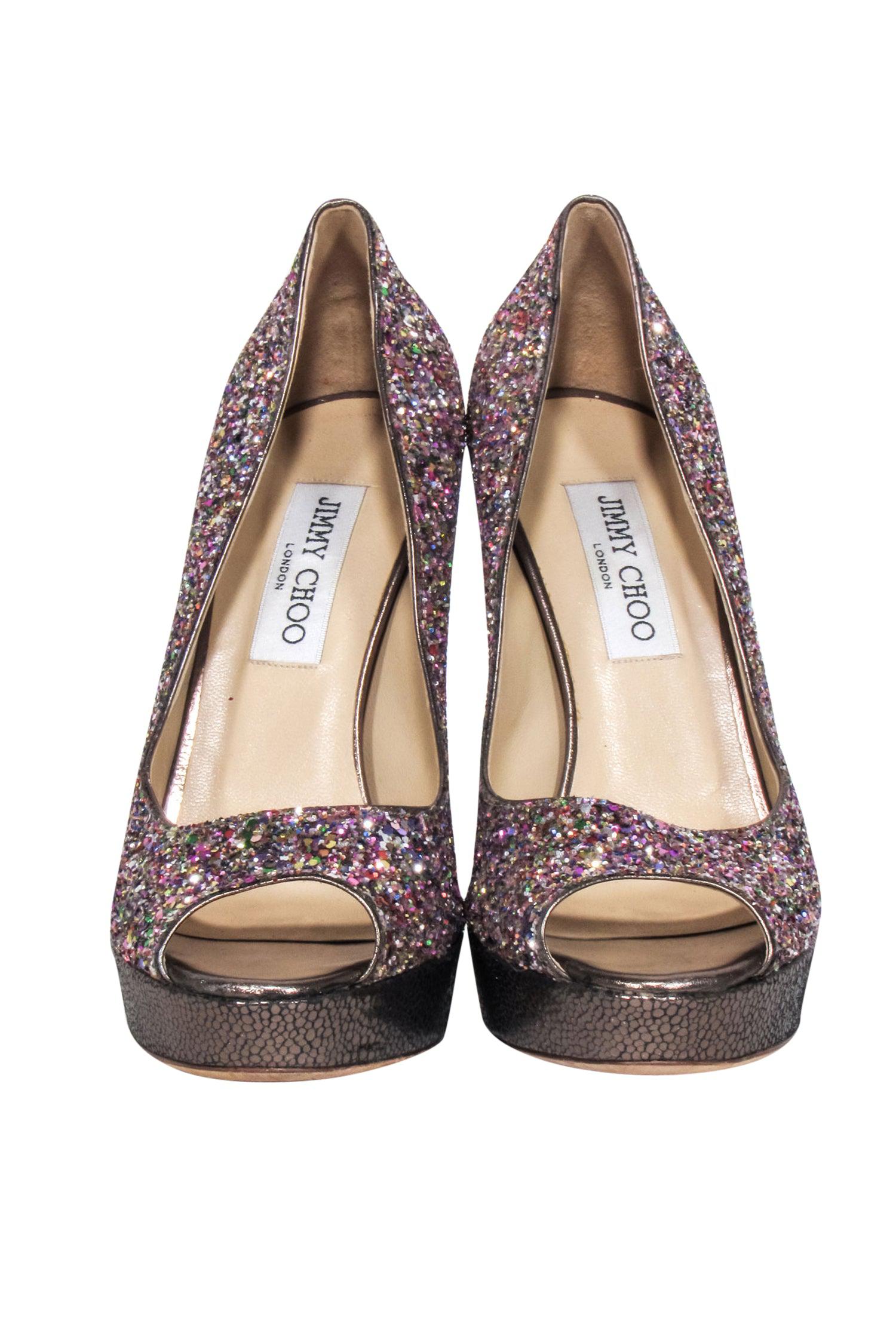 Jimmy Choo Pink & Multi - Color Glitter Peep - Toe Pumps: Size 8 Party Glam