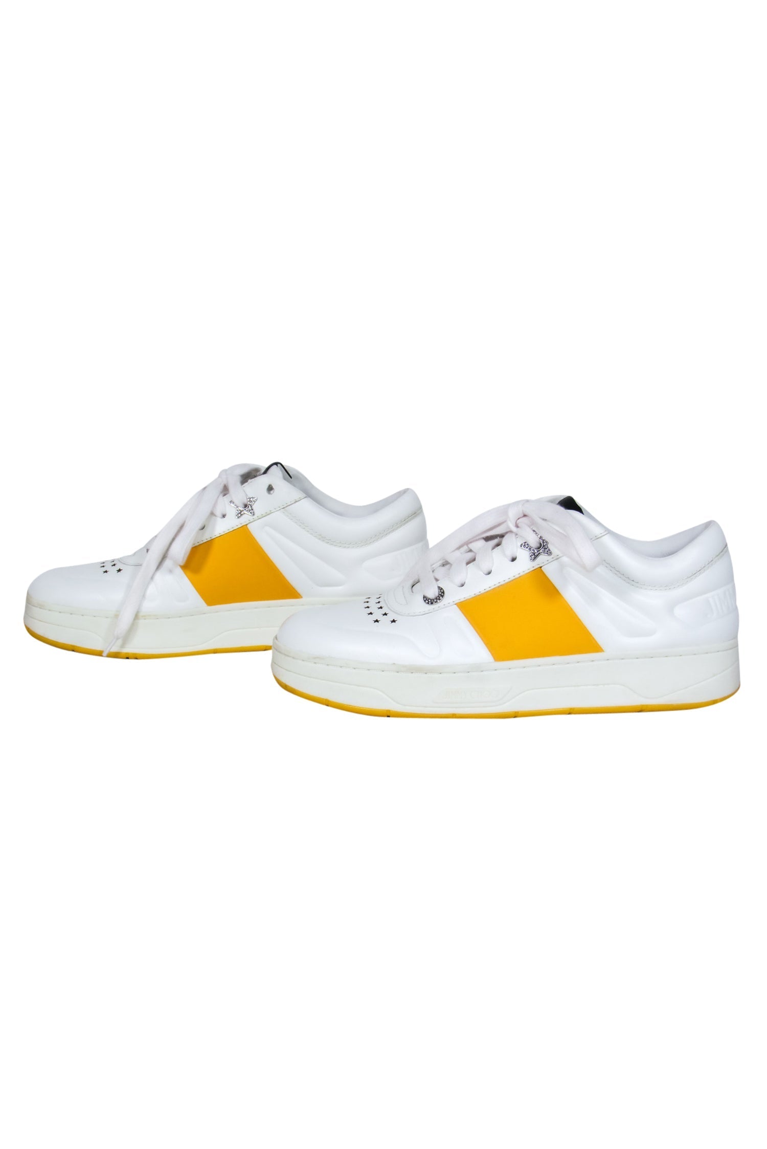 Jimmy Choo's Stunning White & Yellow Leather Lace - Up Sneakers with Crystal Star Hardware, Size 7.5