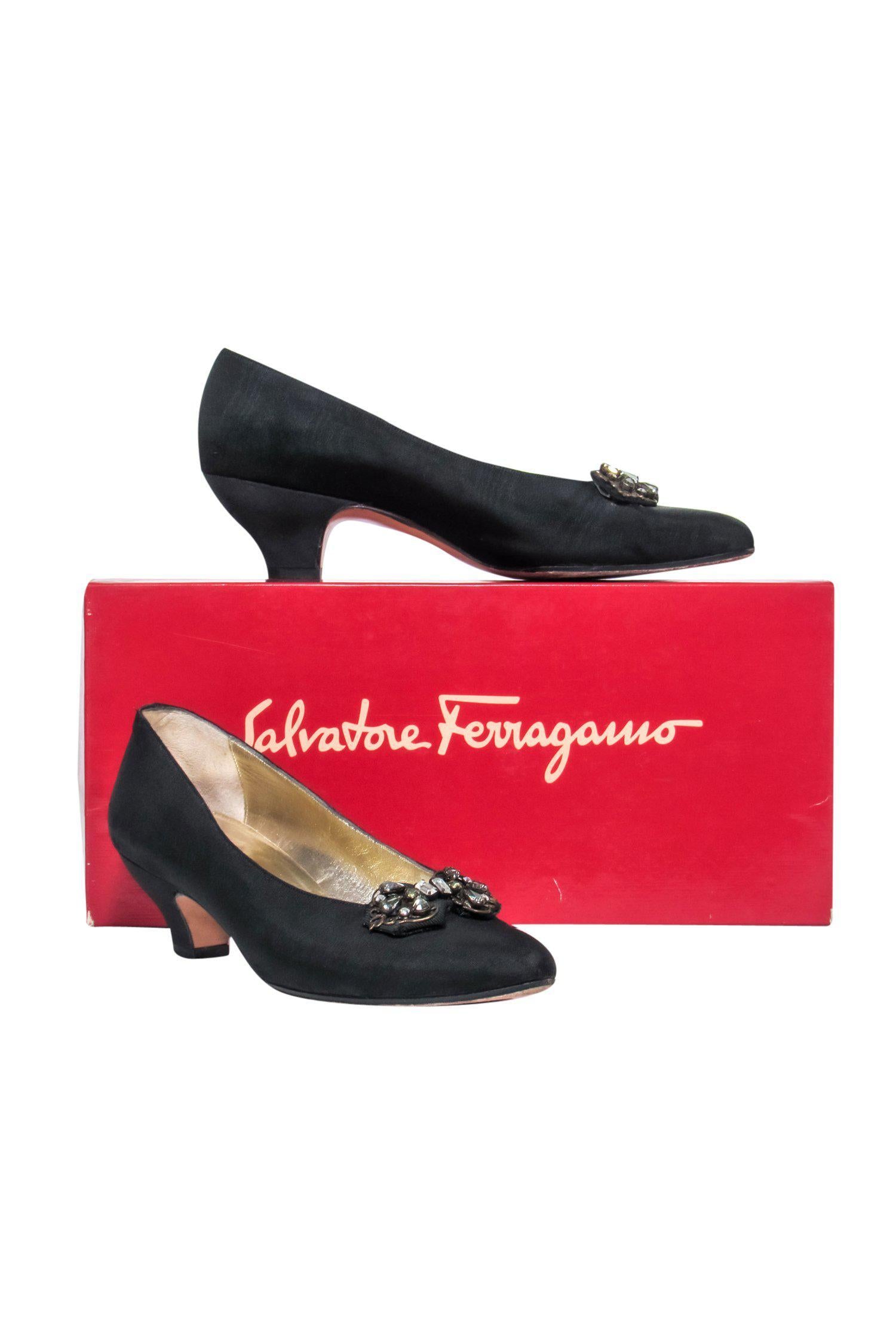 Ferragamo Black Satin Kitten Heels with Jeweled Applique - Size 6