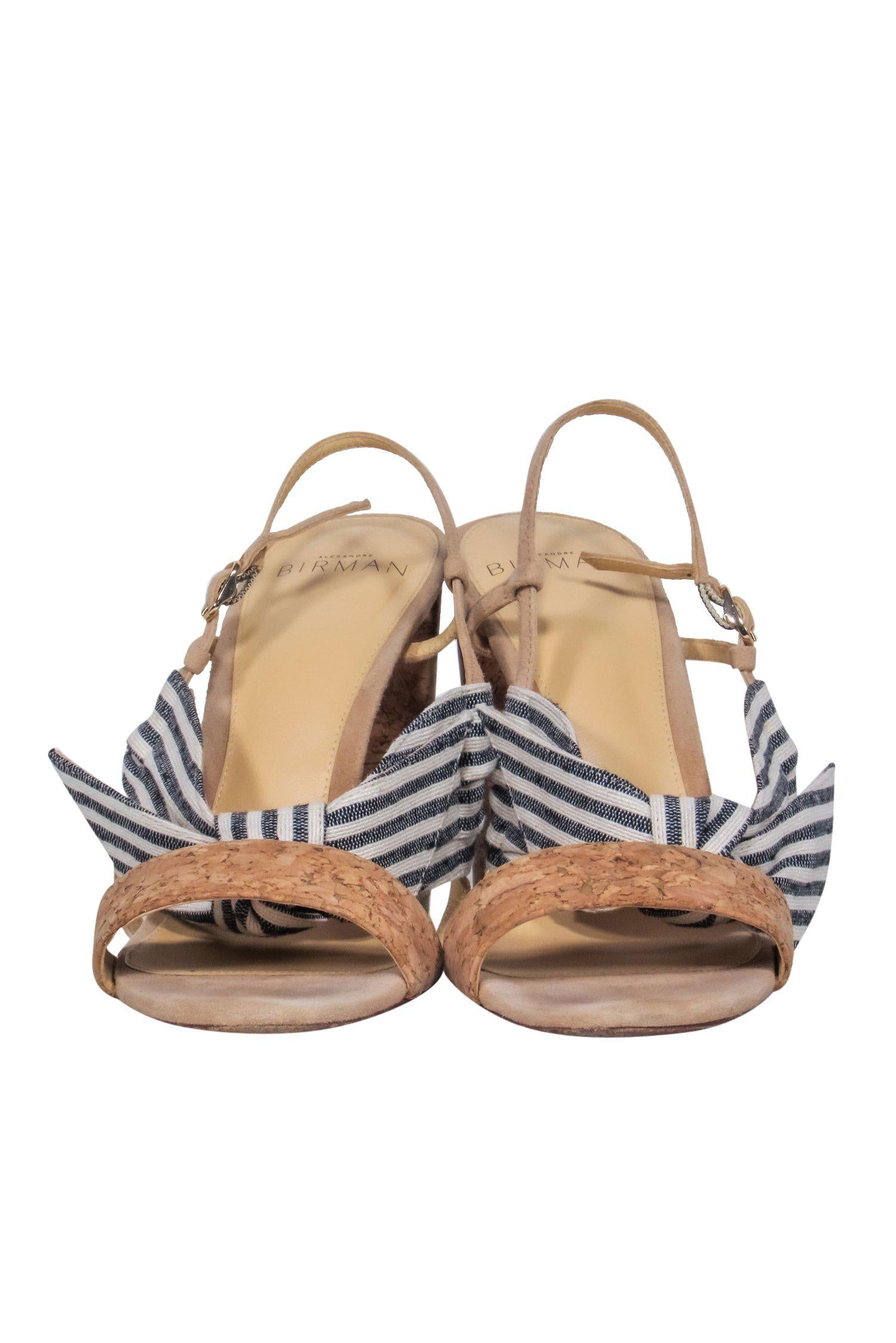 Alexandre Birman - Stylish Beige Cork Strappy Pumps with Navy & White Striped Bow, Size 7