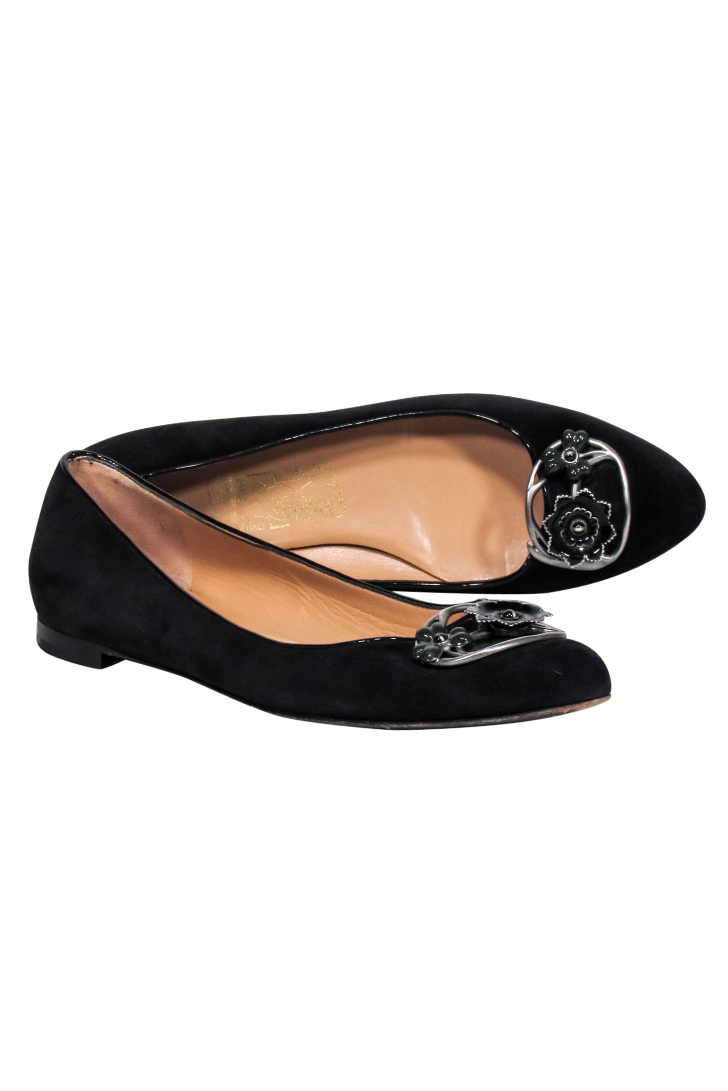 Ferragamo Black Suede Ballet Flats with Enchanting Floral Toe Detail - Size 7.5