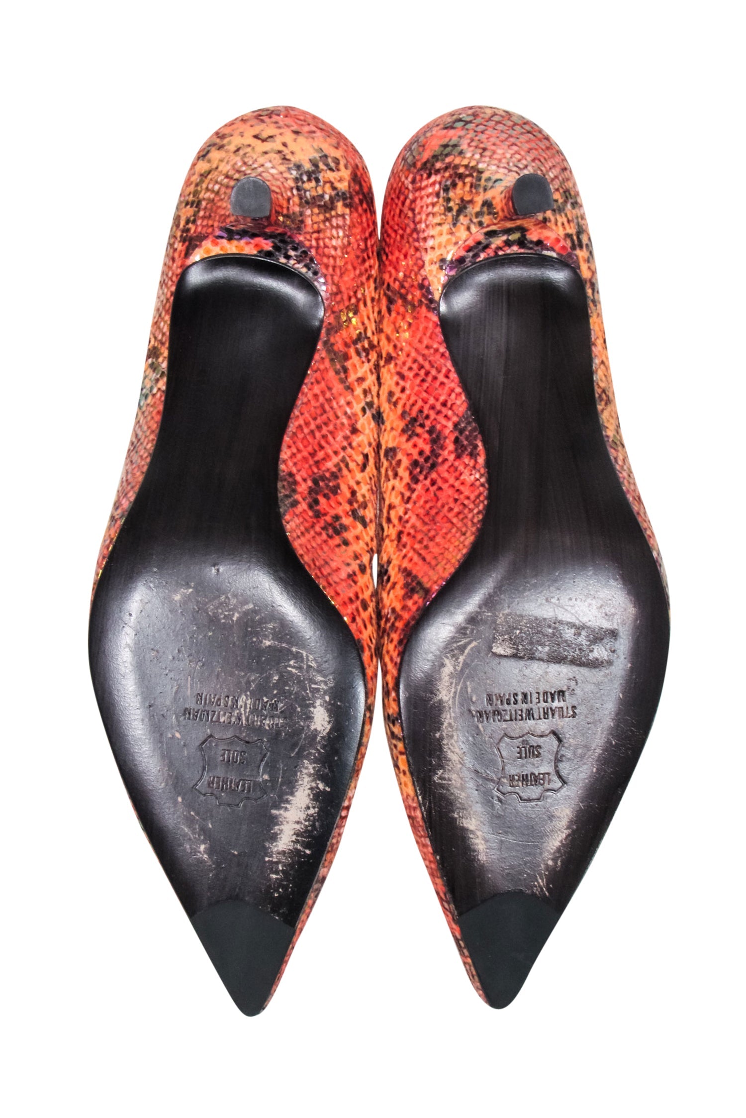 Stuart Weitzman - Fiery Orange & Pink Snakeskin Print Kitten Heels, Size 8.5