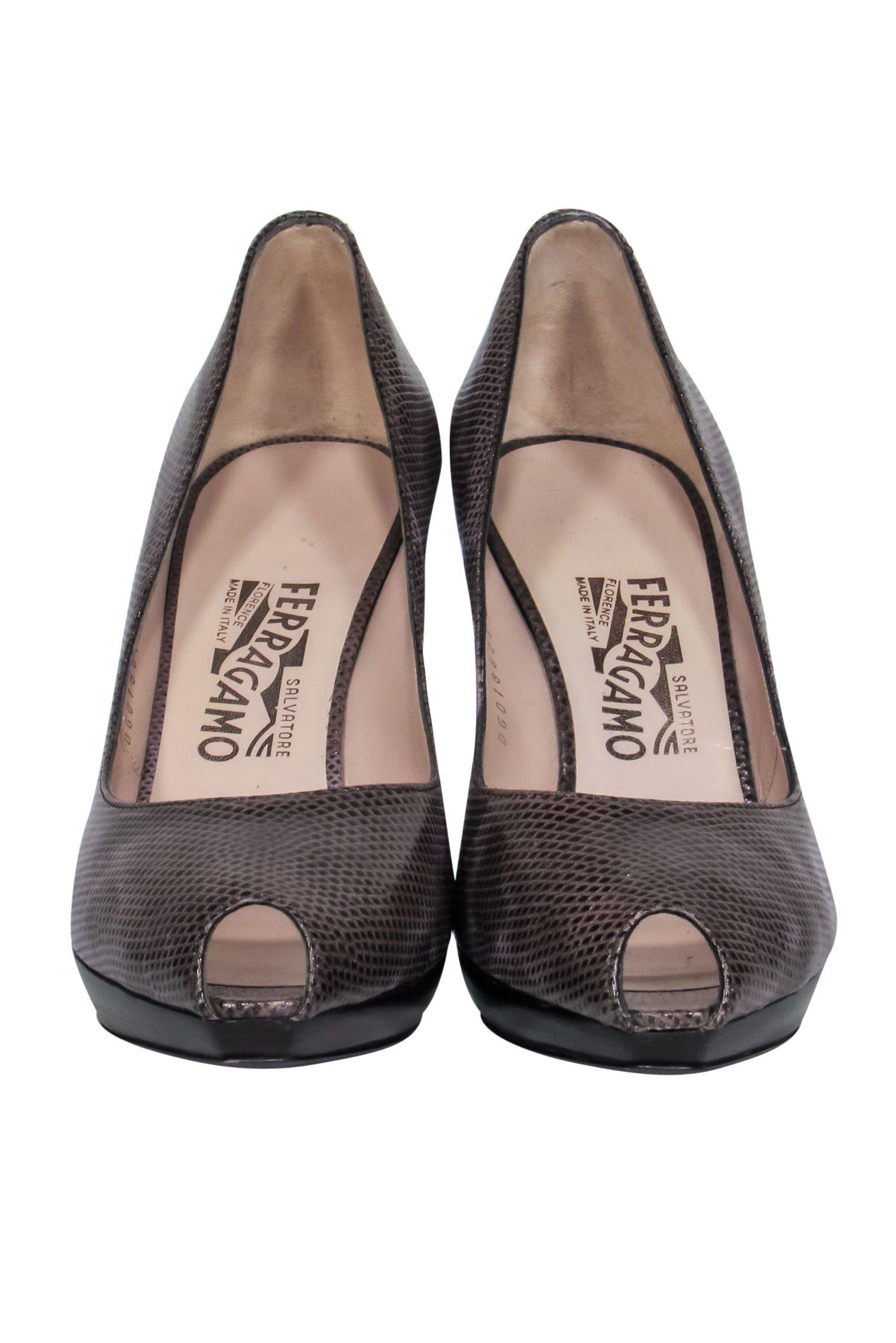 Ferragamo Purple & Brown Snakeskin Embossed Peep - Toe Pumps: Size 9 Fashion Statement