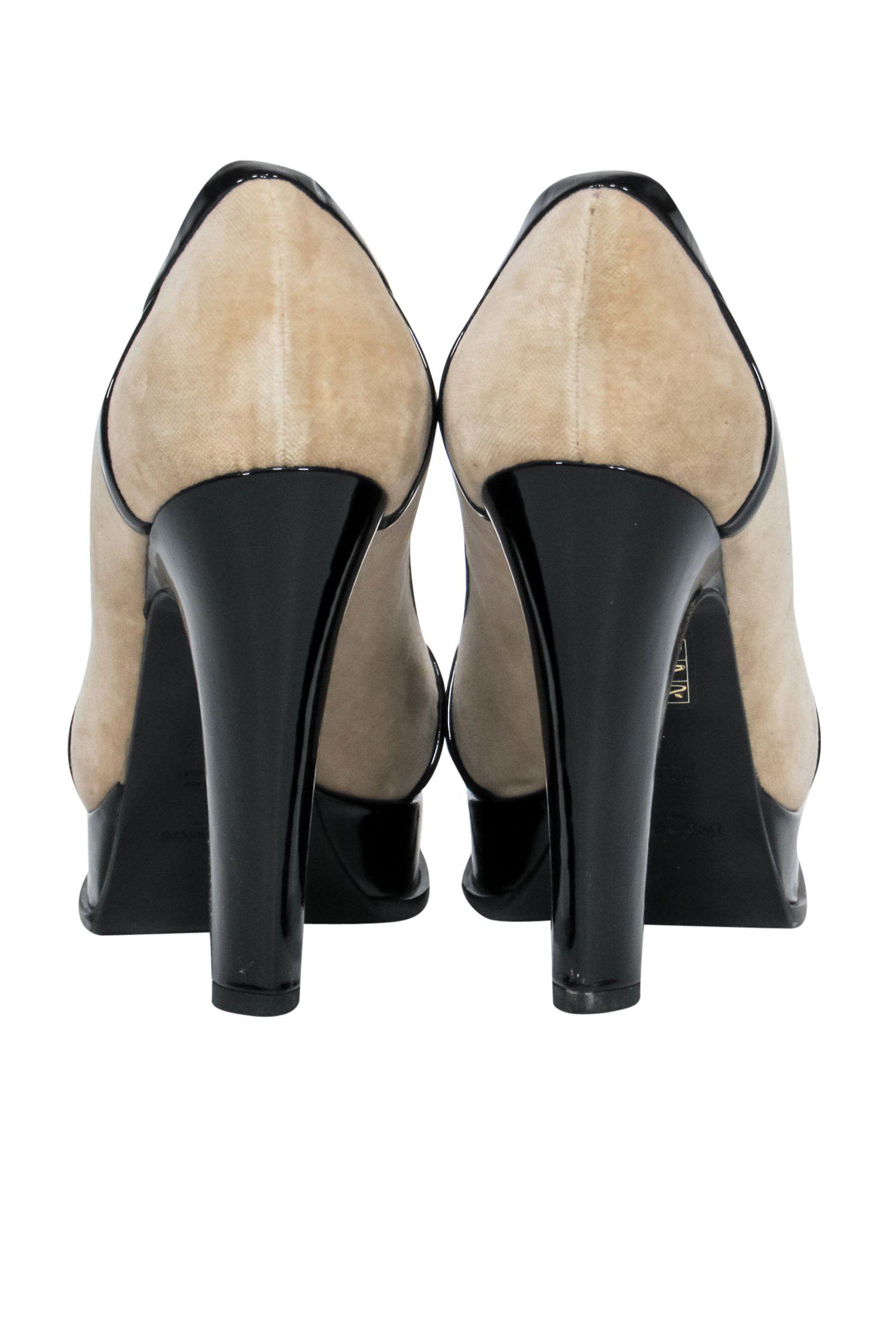 Yves Saint Laurent Beige Suede Platform Pumps with Patent Leather Trim - Size 7