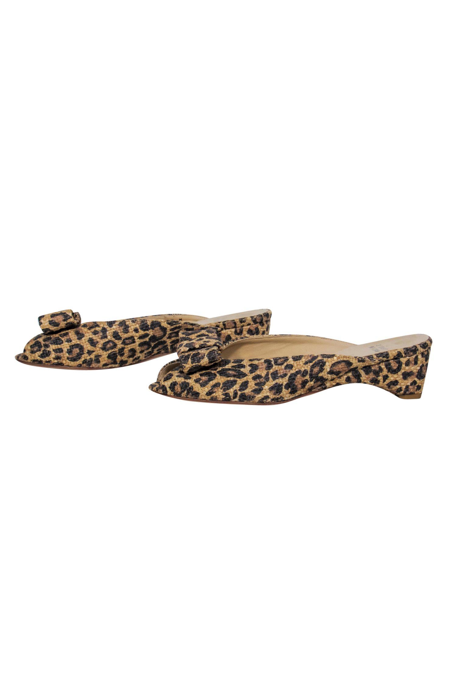 Stuart Weitzman Tan Leopard Print Woven Peep Toe Kitten Heels with Bow - Size 8: Unleash Your Fashion Fierceness!