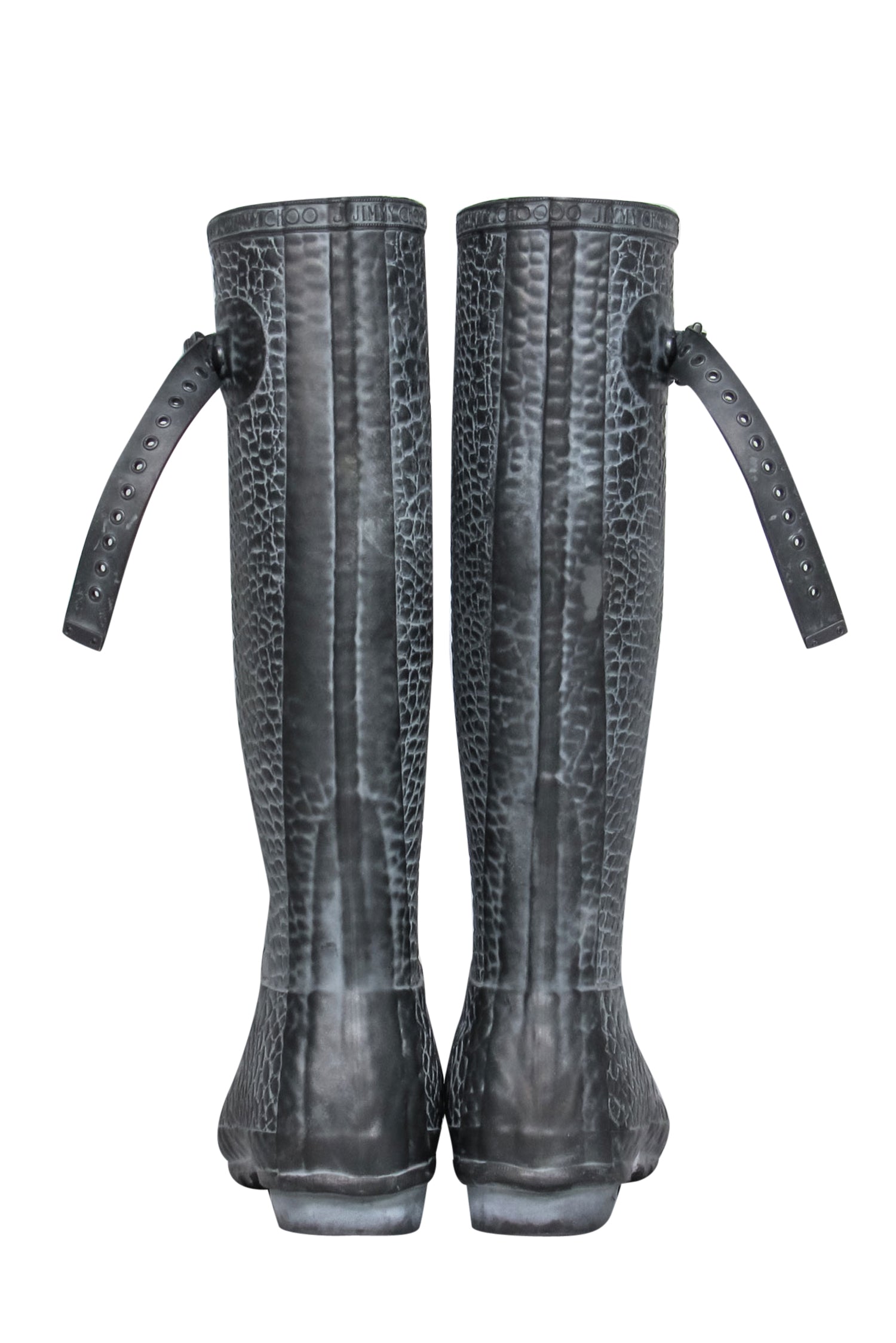 Hunter x Jimmy Choo - Stylish Grey Alligator Embossed Rain Boots with Leopard Print Interior, Size 6.5
