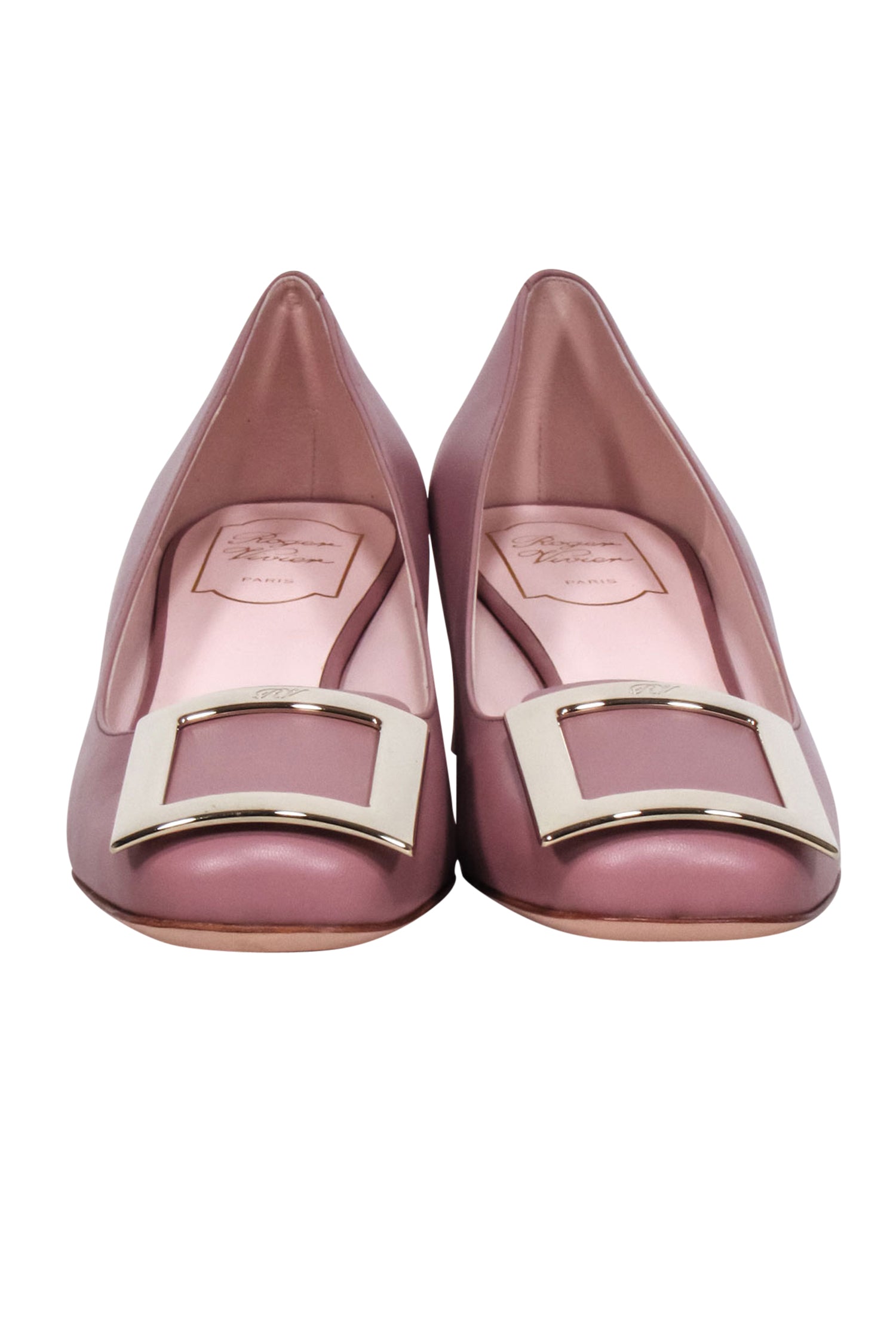 Roger Vivier Mauve Leather Chunky Heel Pumps with Large Buckle - Size 12