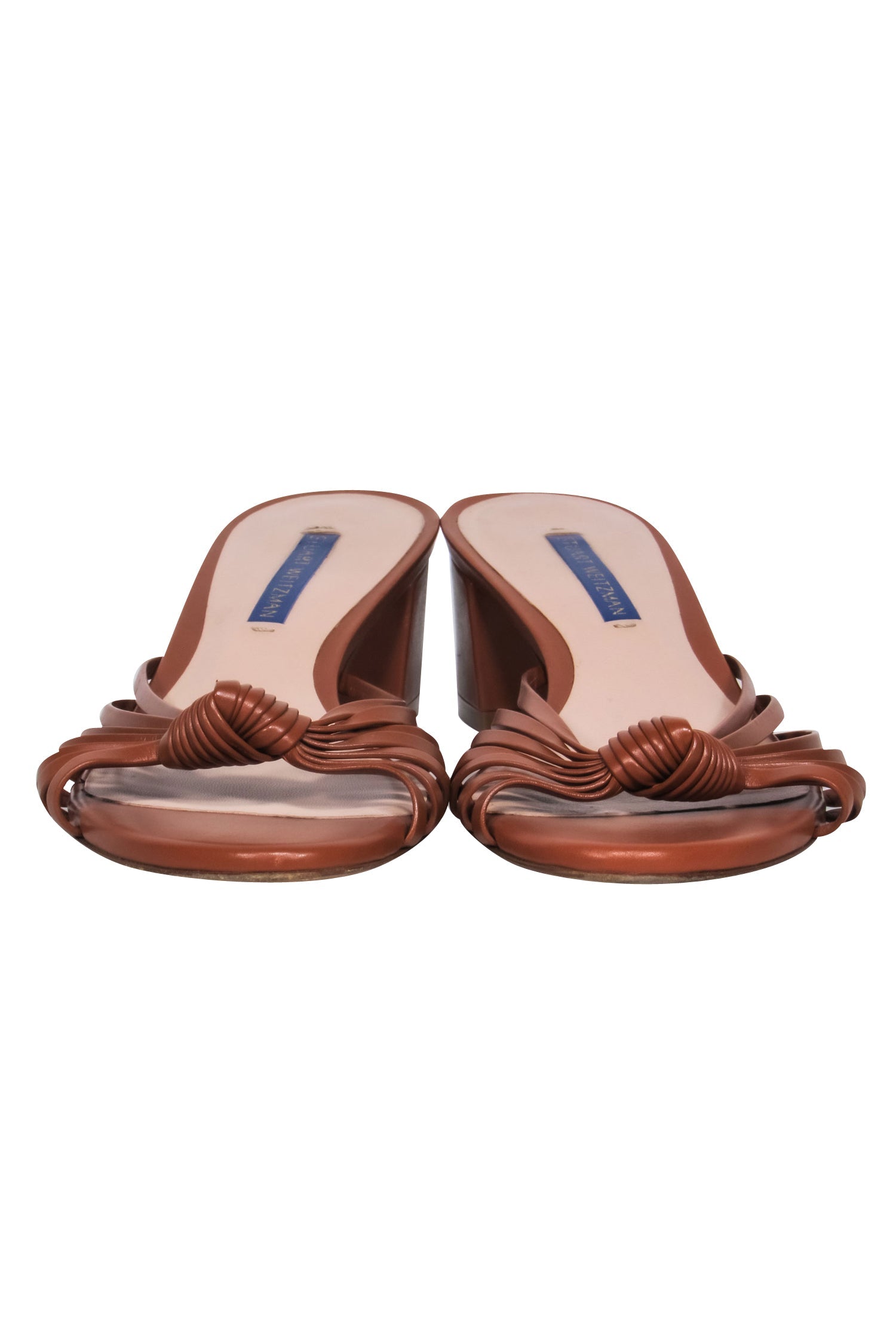 Stuart Weitzman Cognac Leather Strappy Knot Low Block Heel Sandals - Size 8