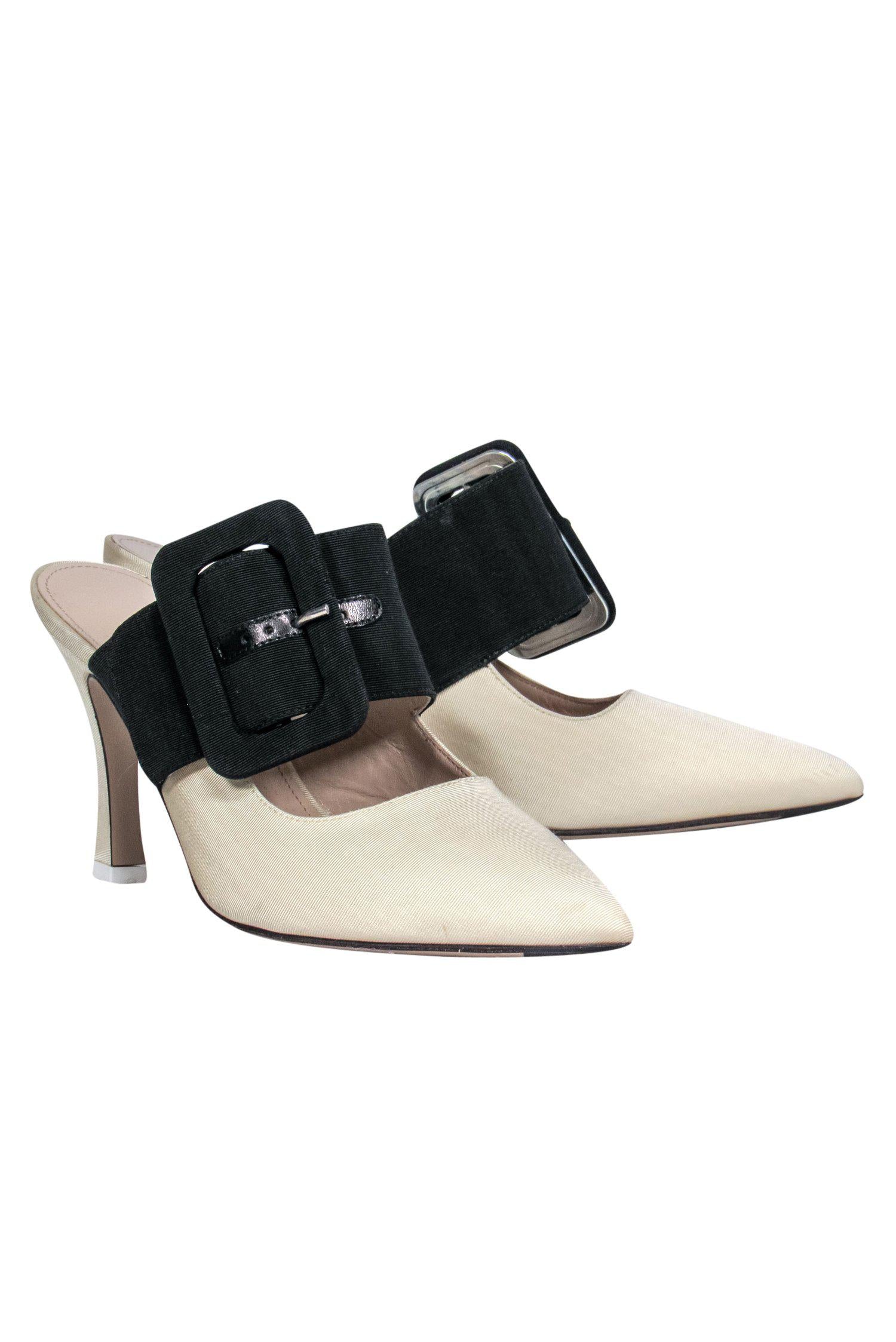 The Attico - Stunning Ivory & Black Pointed Toe Mule Pumps with Belt Buckle, Size 7