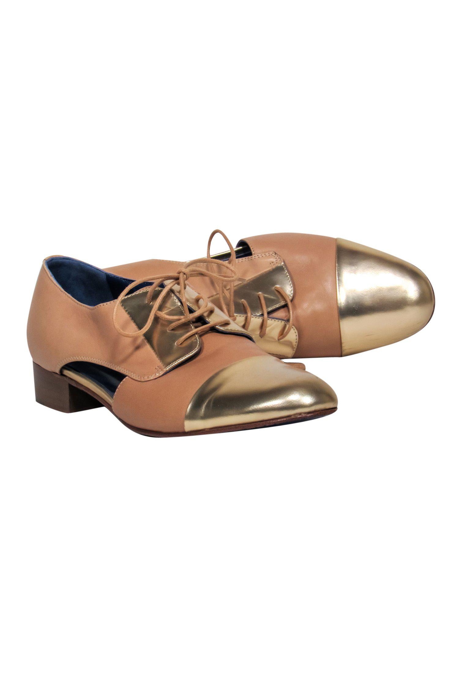 Valentina Rangoli Beige & Gold Leather Cutout Oxfords - Size 7