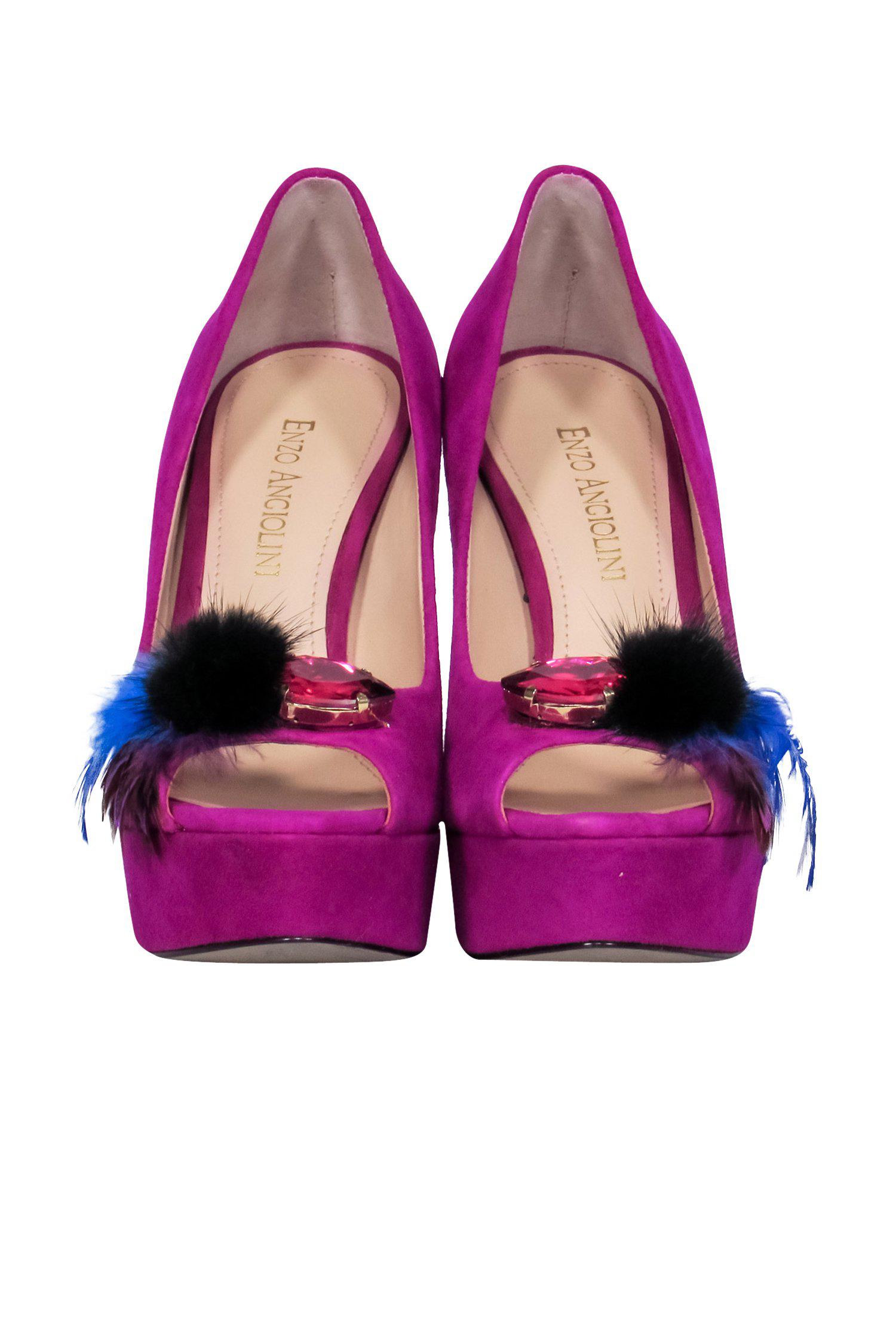 Enzo Angiolini Magenta Suede Feather & Rhinestone Peep - Toe Platform Pumps, Size 5.5