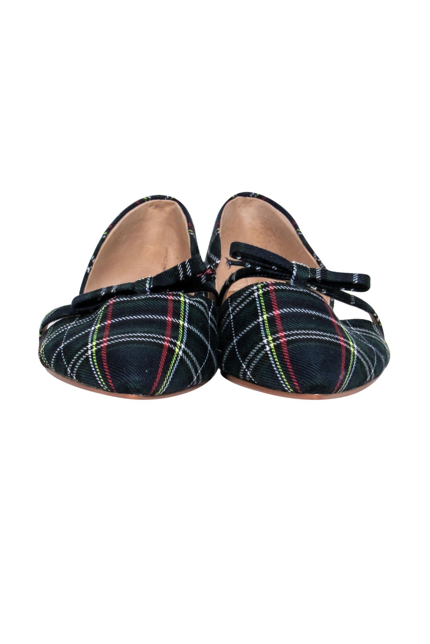 J.Crew Navy & Green Plaid Bow-Pointed Toe D'Orsay Flats - Size 8.5