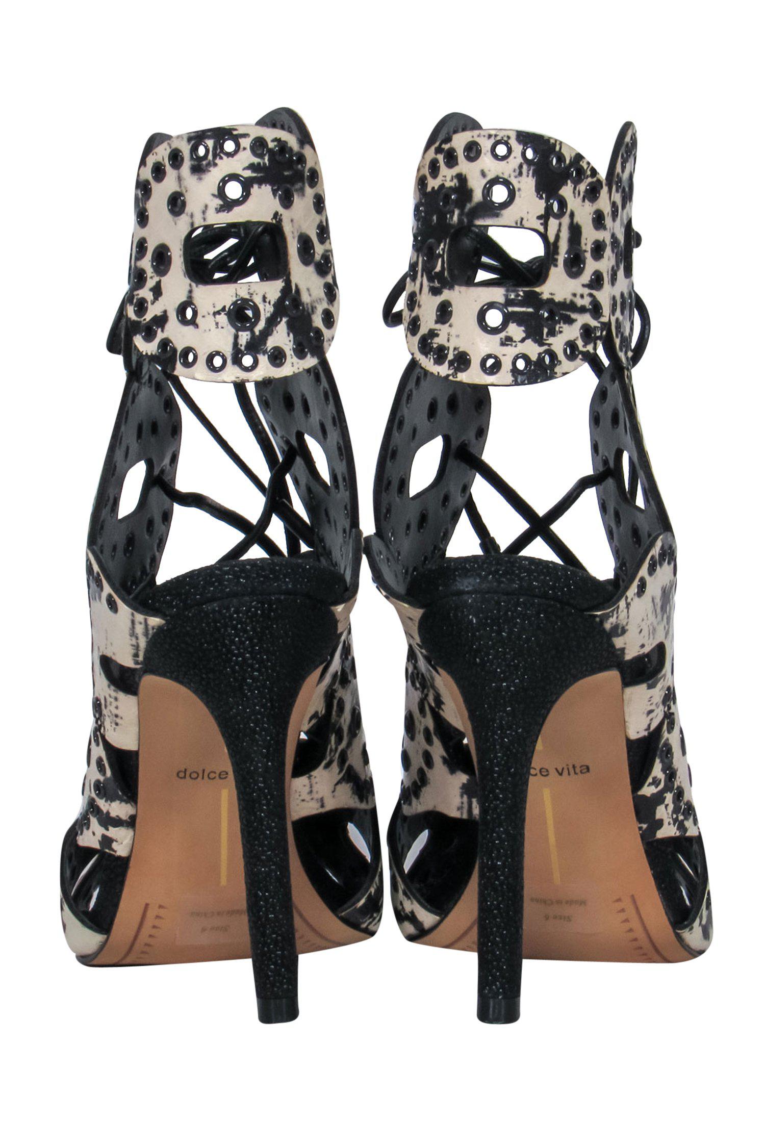 Dolce Vita - Stunning Black & Cream Crackled Cutout Lace - Up Stilettos Size 6