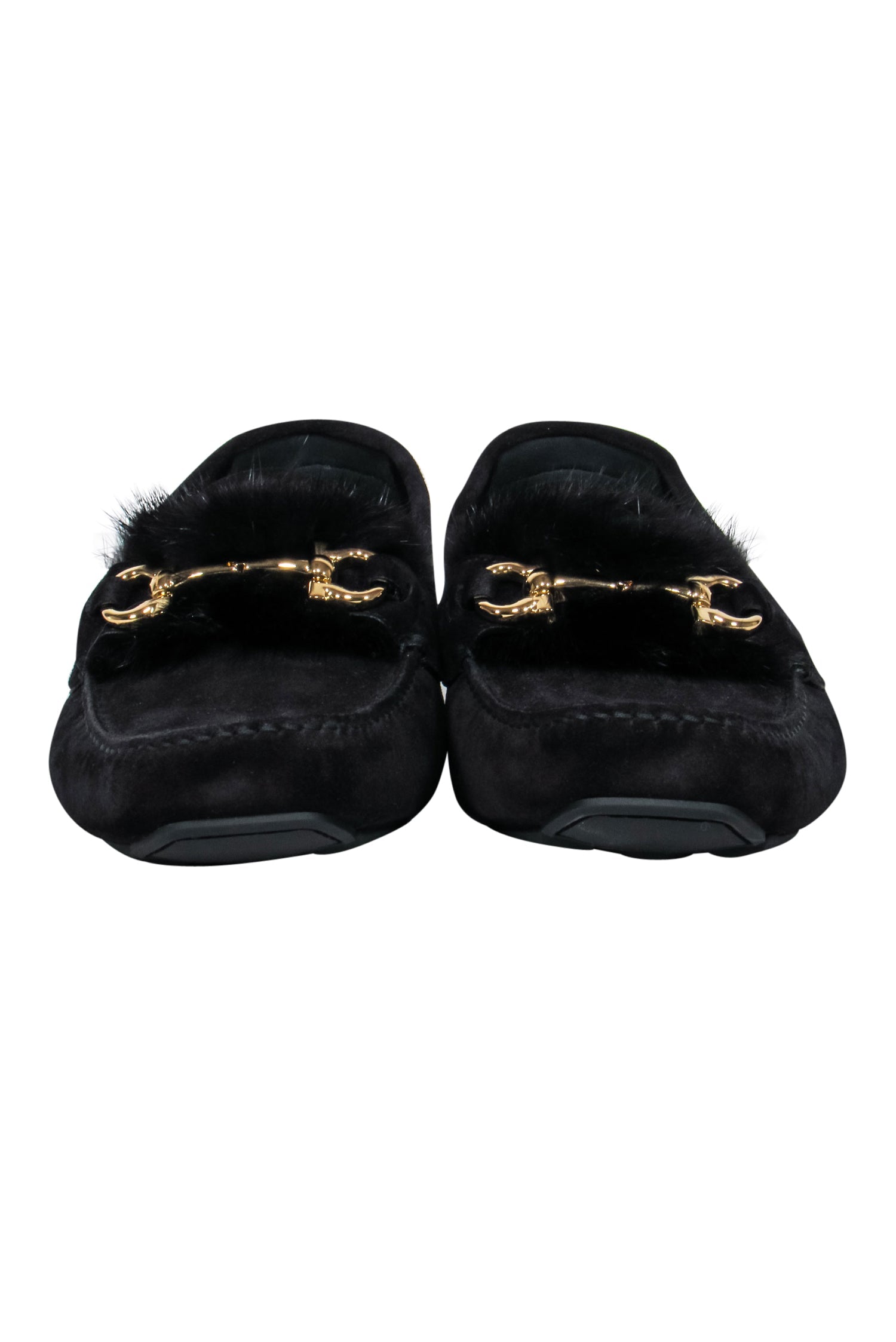 Ferragamo Black Suede Luxury Mink-Trimmed Loafers with Gold Details - Size 11
