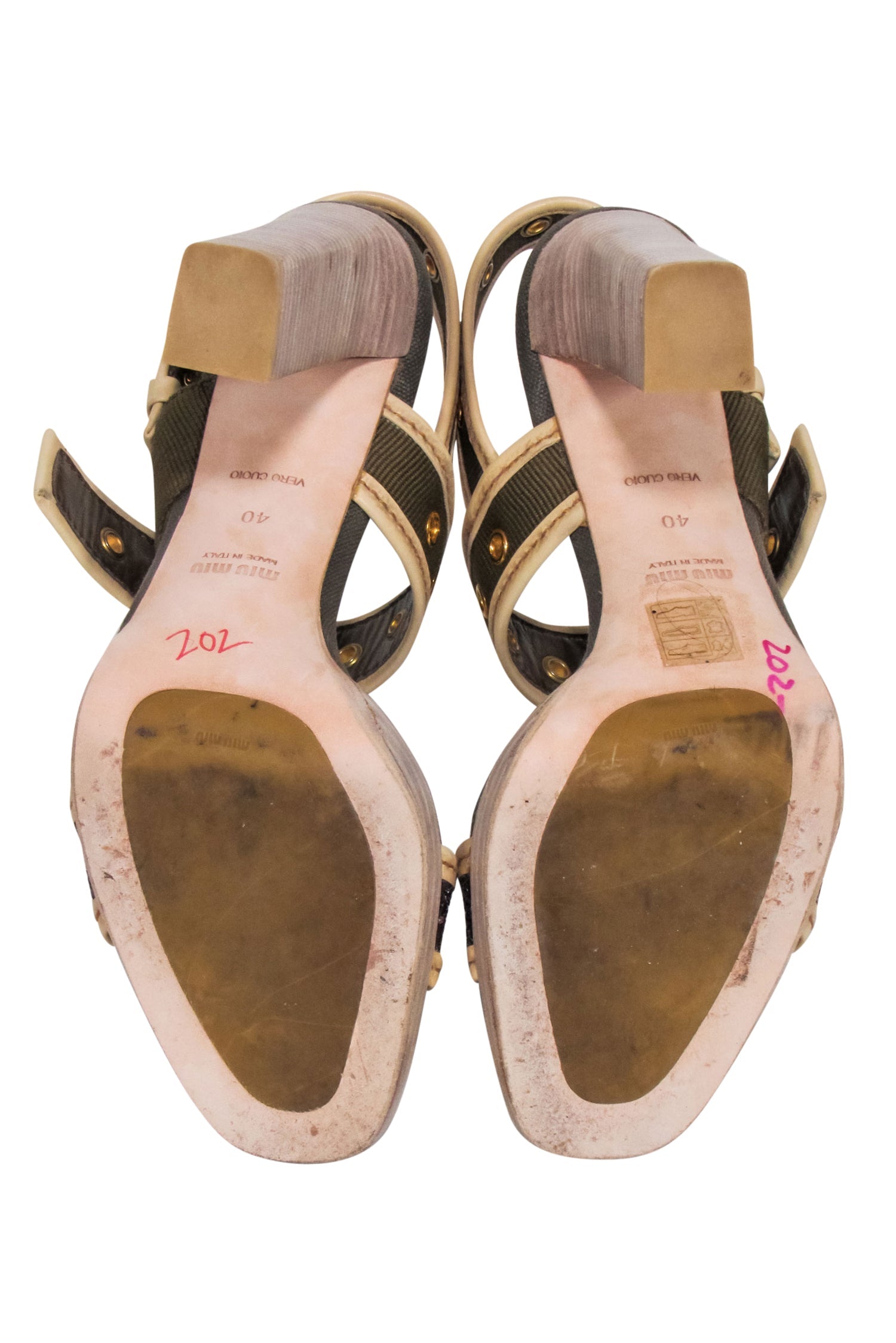 Miu Miu - Stunning Olive Green Canvas Open Toe Pumps with Purple Glitter Strap, Size 10