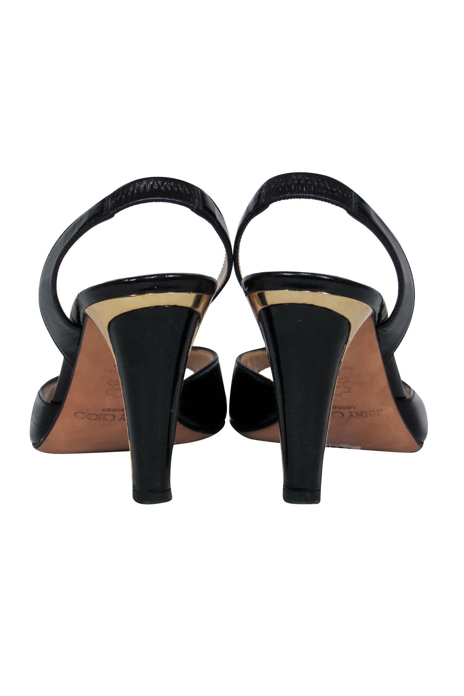 Jimmy Choo's Stunning Black Patent Leather Peep Toe Slingback Heels - Size 10.5