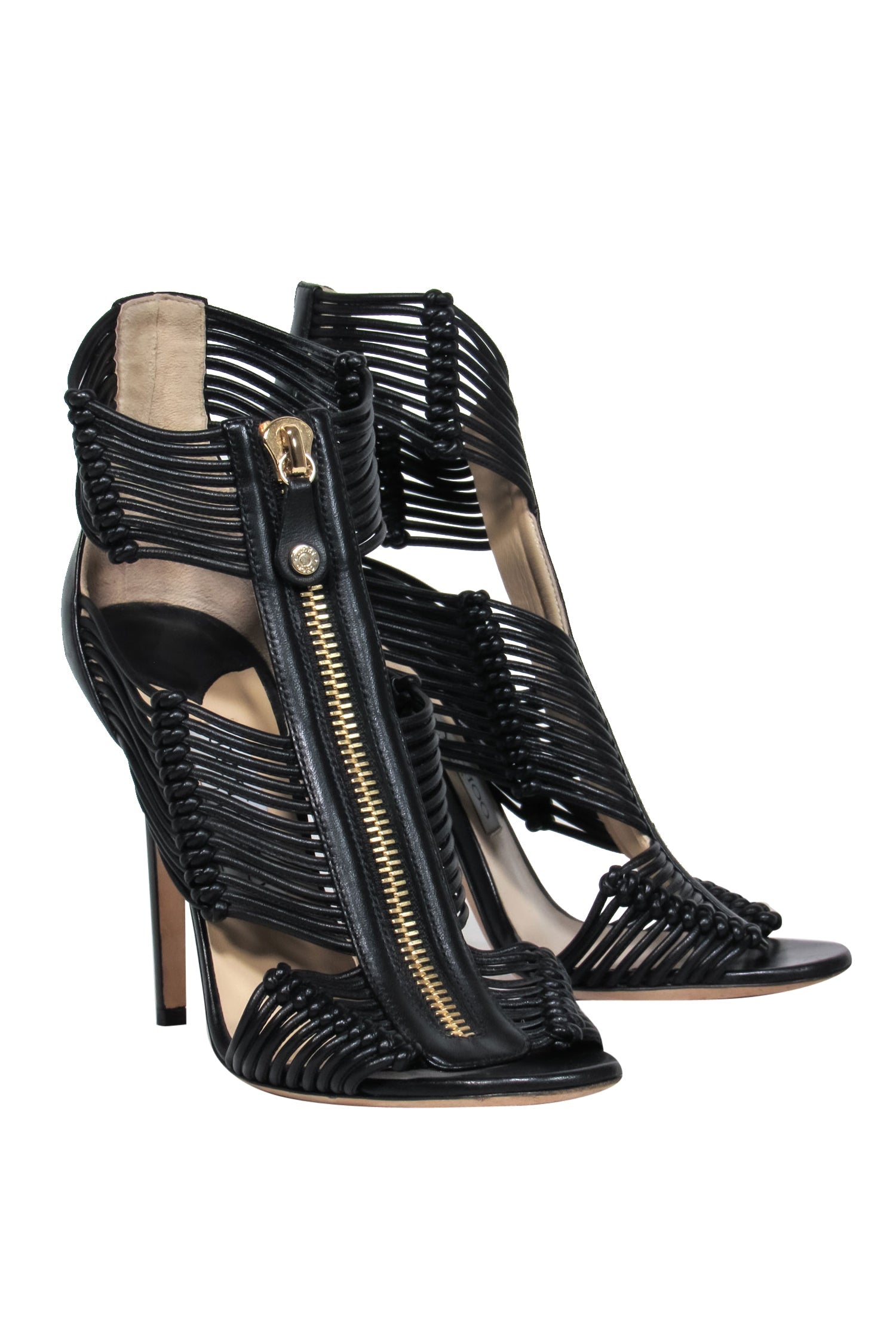 Jimmy Choo Black Leather Strappy Zip - Up Open Toe Heels: Size 8.5 Party Perfection