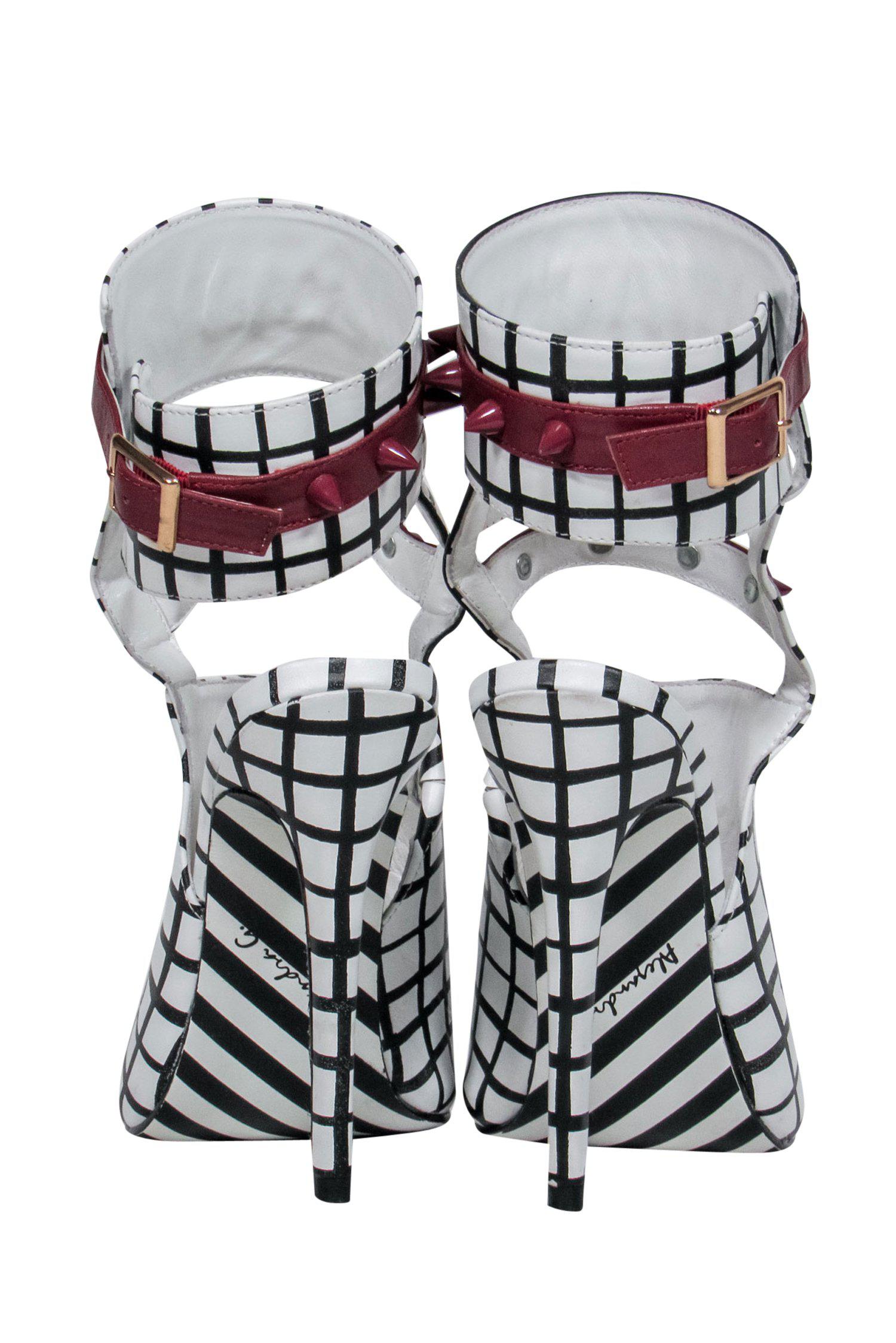 Alejandra G. - Striking White & Black Grid Print Caged Fiona Stilettos with Maroon Spiked Trim - Size 6
