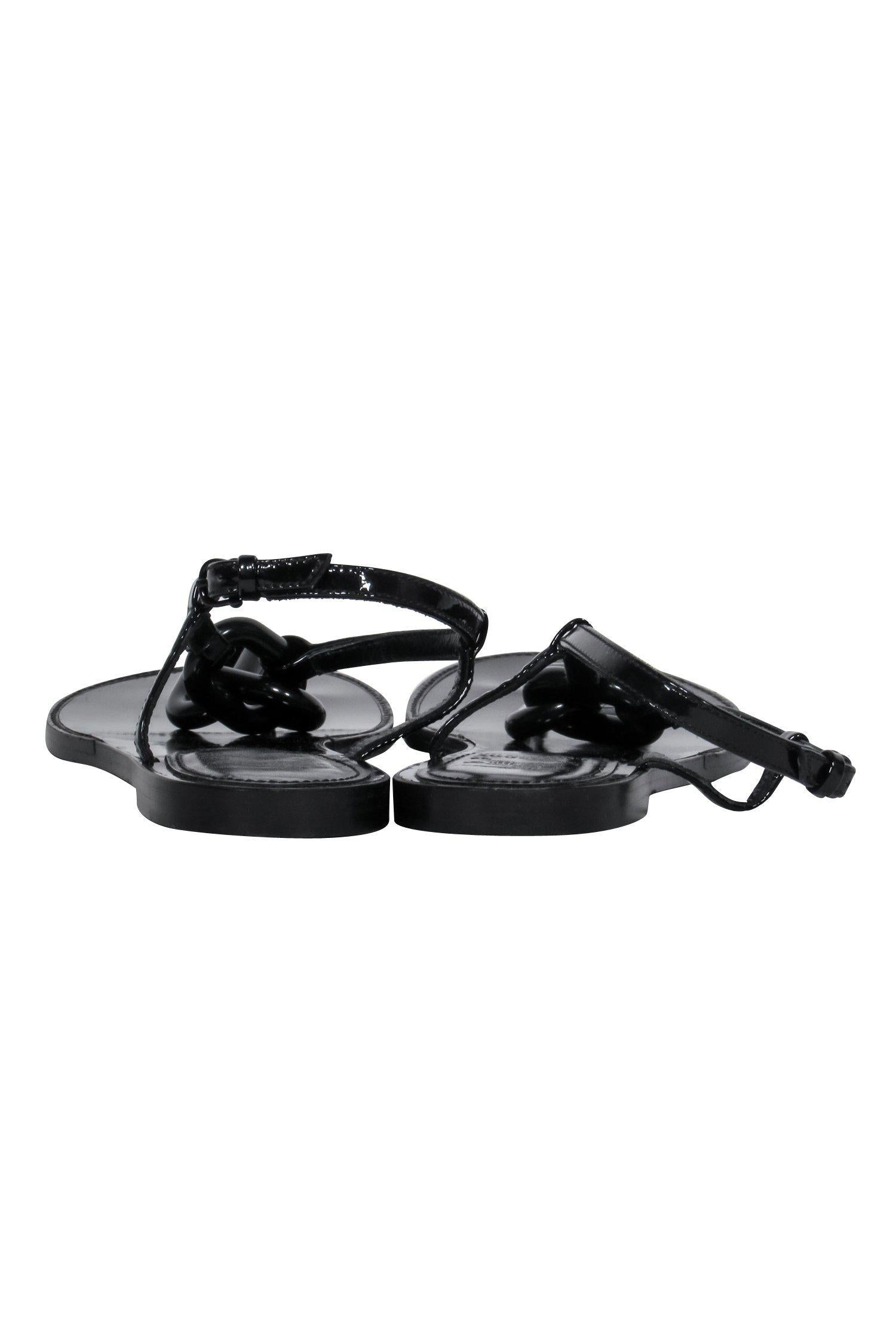 Burberry Black Patent Leather T-Strap Chain Sandals - Size 8