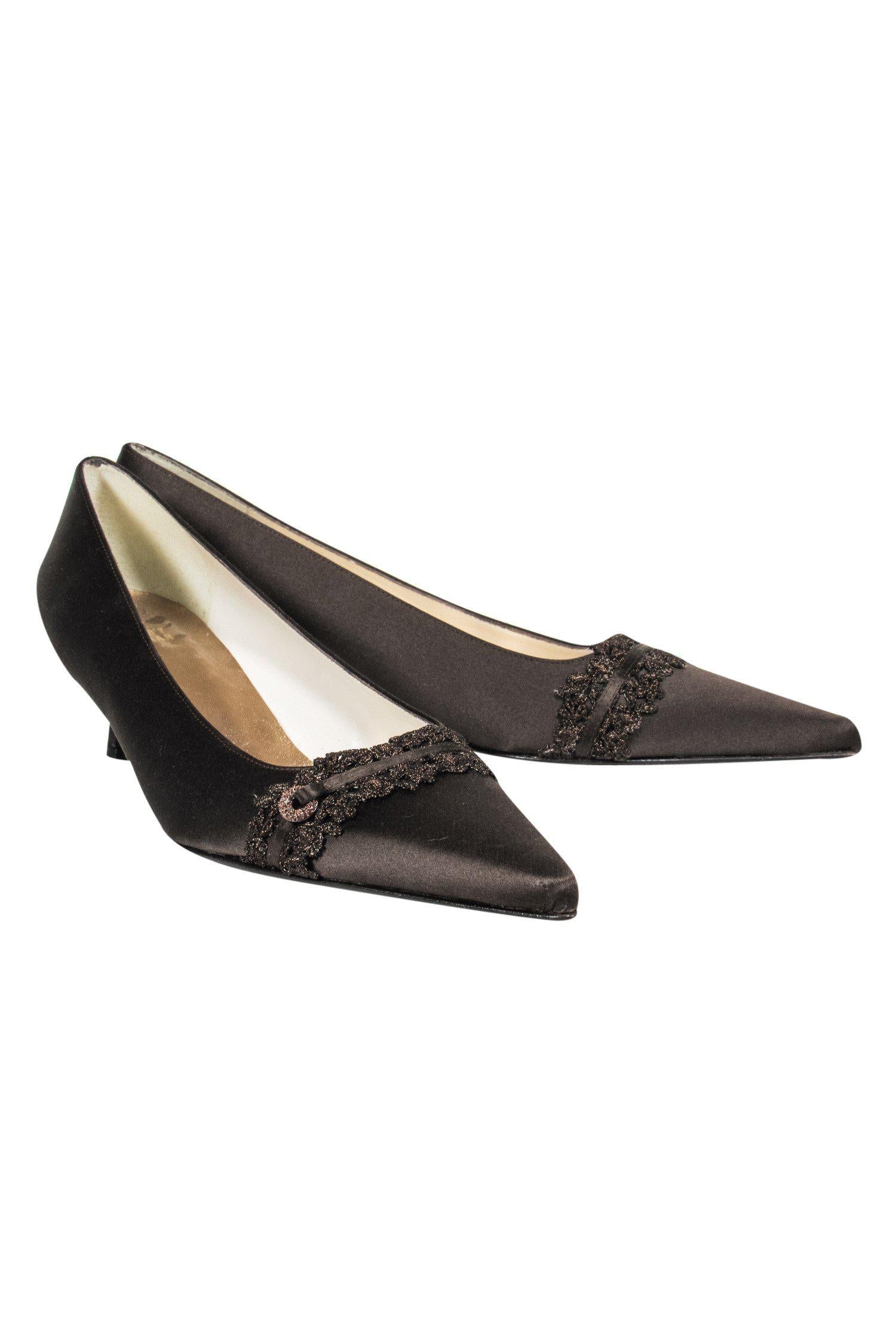 Stuart Weitzman's Stunning Brown Satin Kitten Heels with Metallic Applique - Size 9.5
