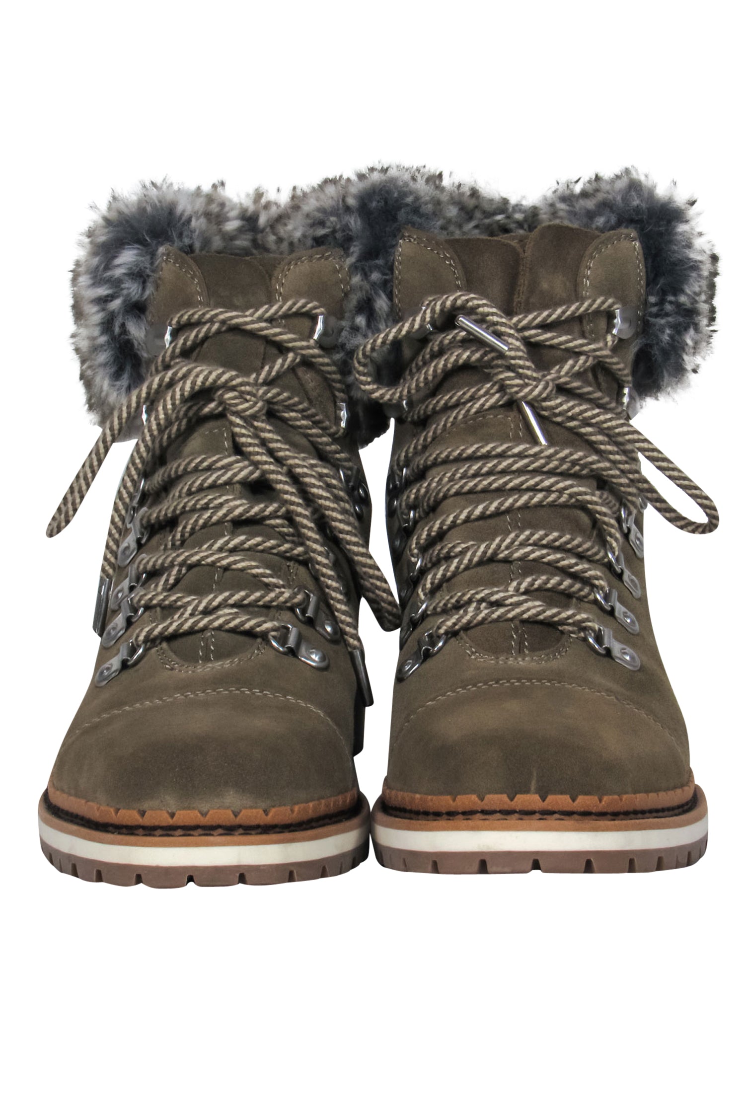 Sam Edelman Light Olive Suede Lace-Up Booties with Faux Fur Trim - Size 7