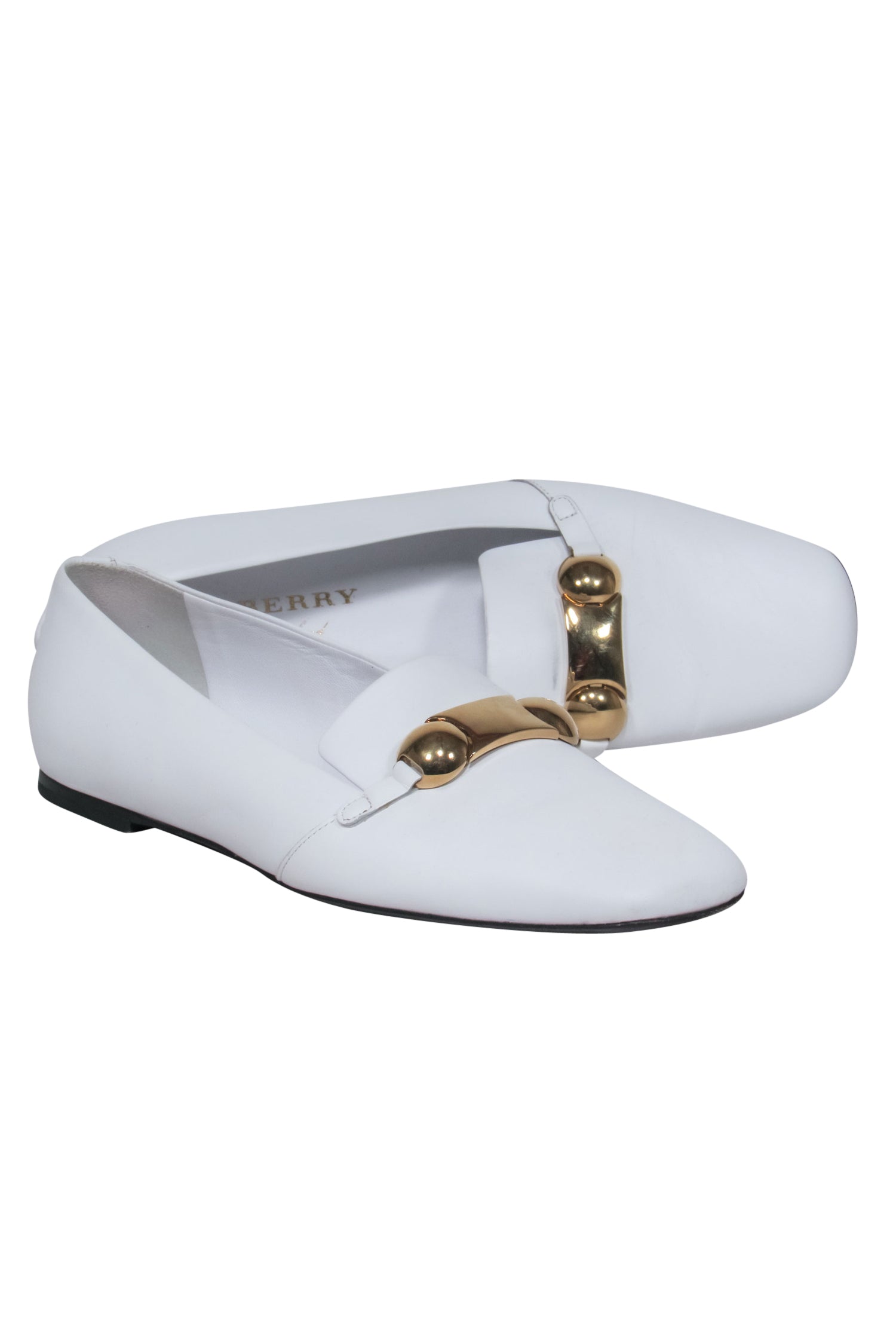 Burberry White Leather Loafers with Gold Buckle - Size 8: A Stylish Office Essential