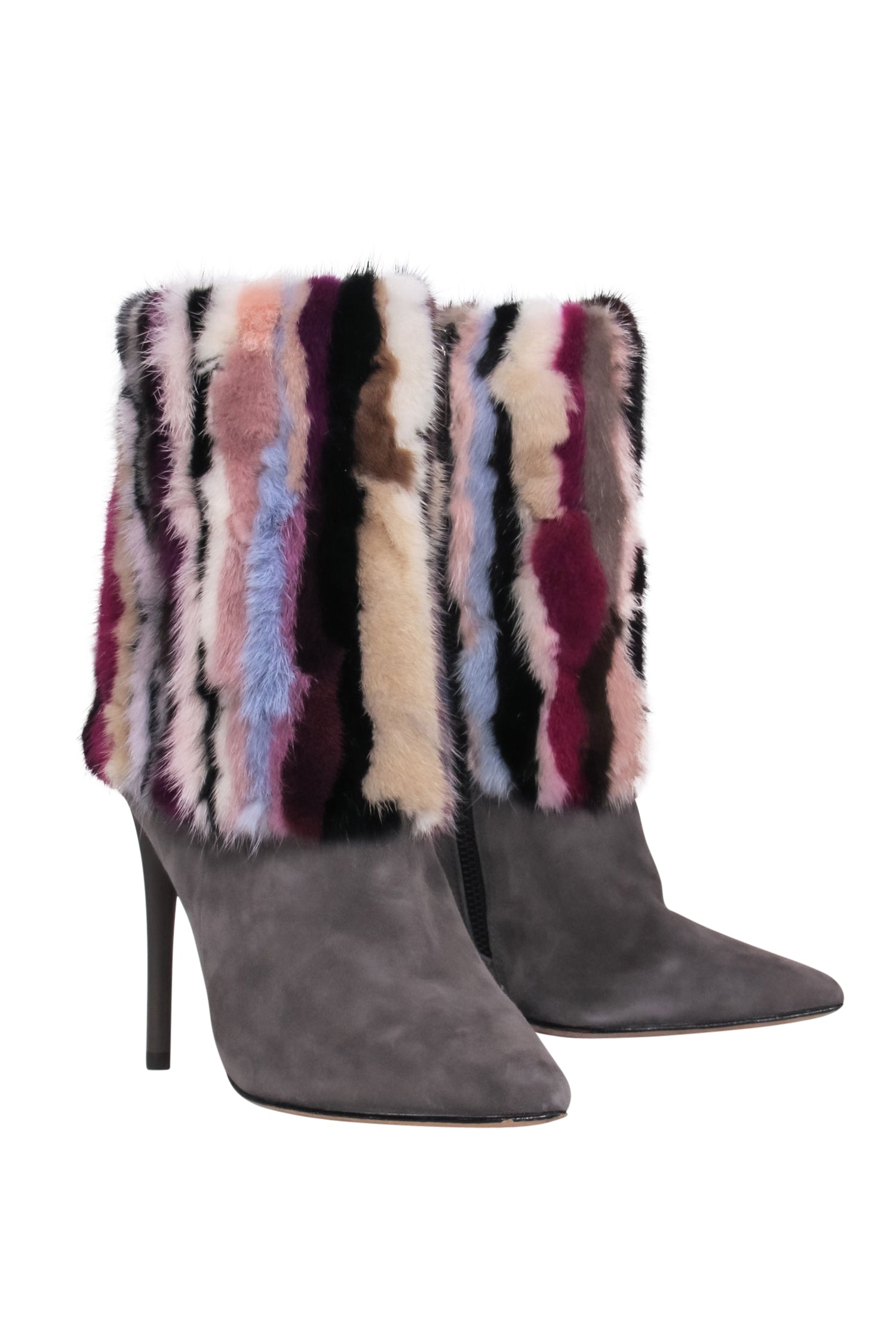 Brian Atwood Grey Suede Pointed Toe Boots with Multicolored Fur - Size 7.5 - A Fashion Statement!
