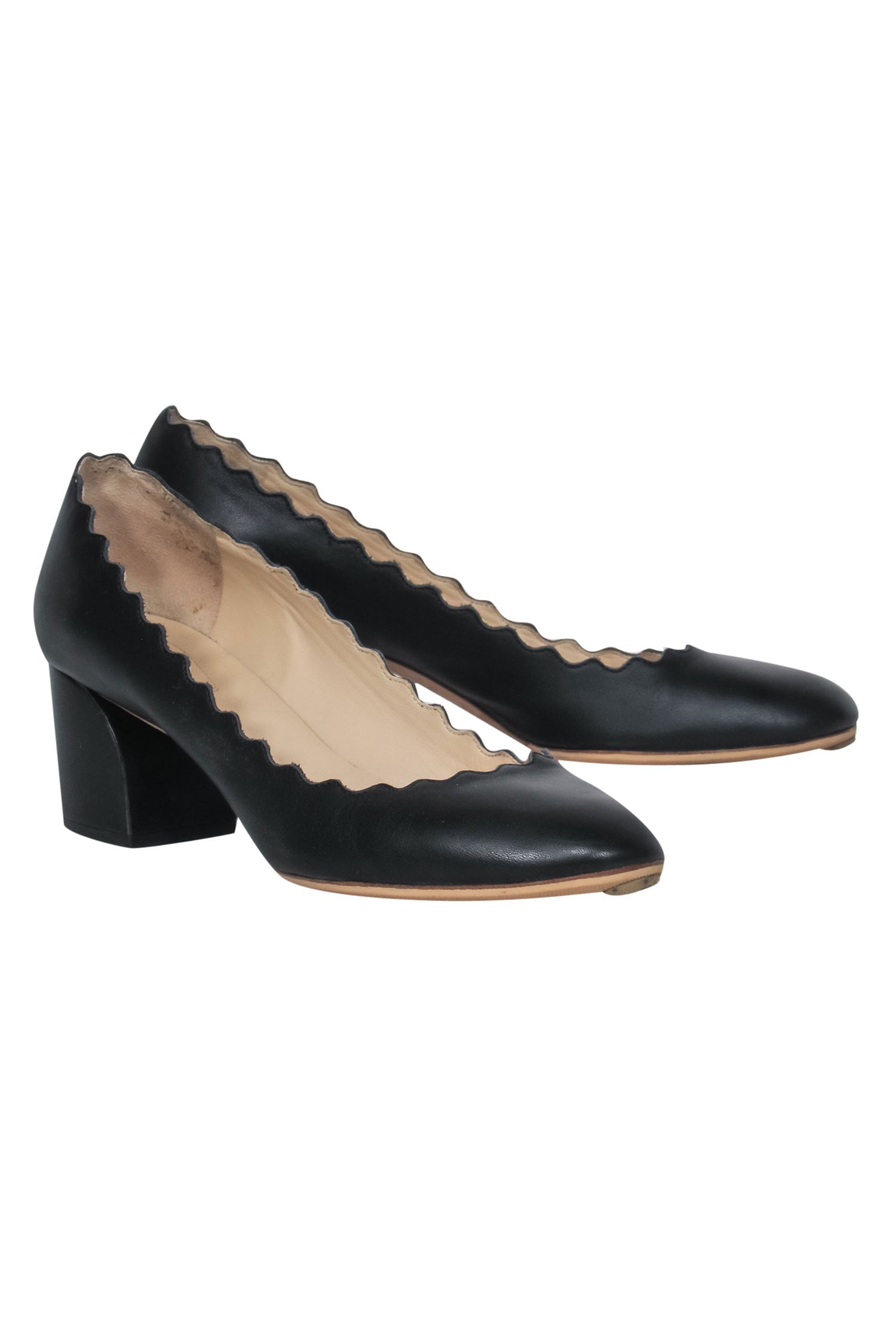 Chloe Black Leather Scalloped Block Heel Lauren Pumps - Size 5.5, Irresistible Style!