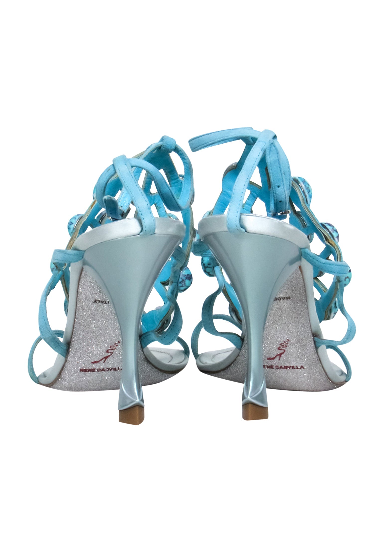 Rene Caovilla Turquoise Glitzy Suede & Satin Strappy Pumps - Size 6