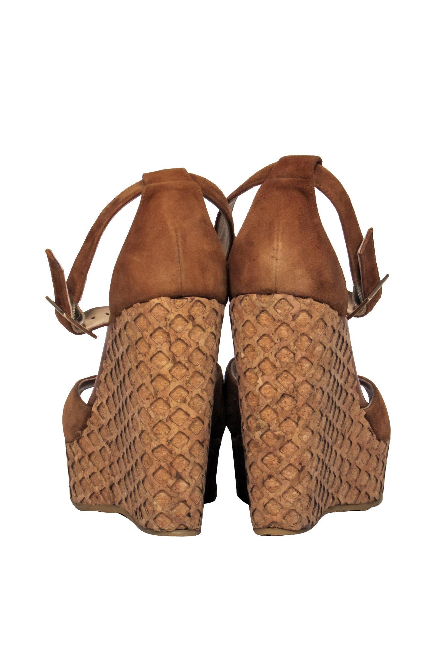 Jimmy Choo Brown Suede Peep - Toe T - Strap Textured Cork Wedges in Size 7.5: Island - Getaway Must - Haves