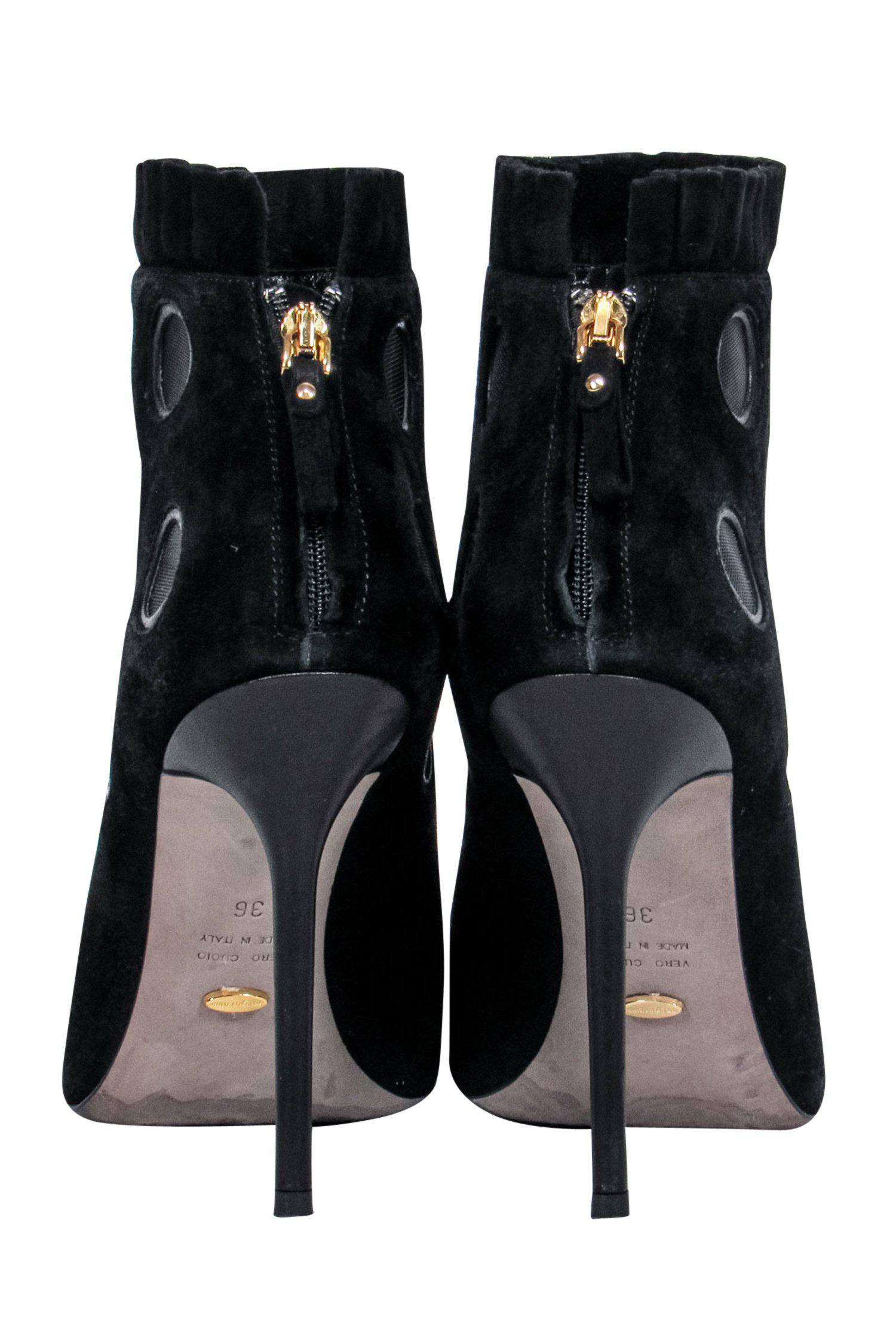 Sergio Rossi Black Suede Stiletto Booties with Mesh Polka Dot Design - Size 6