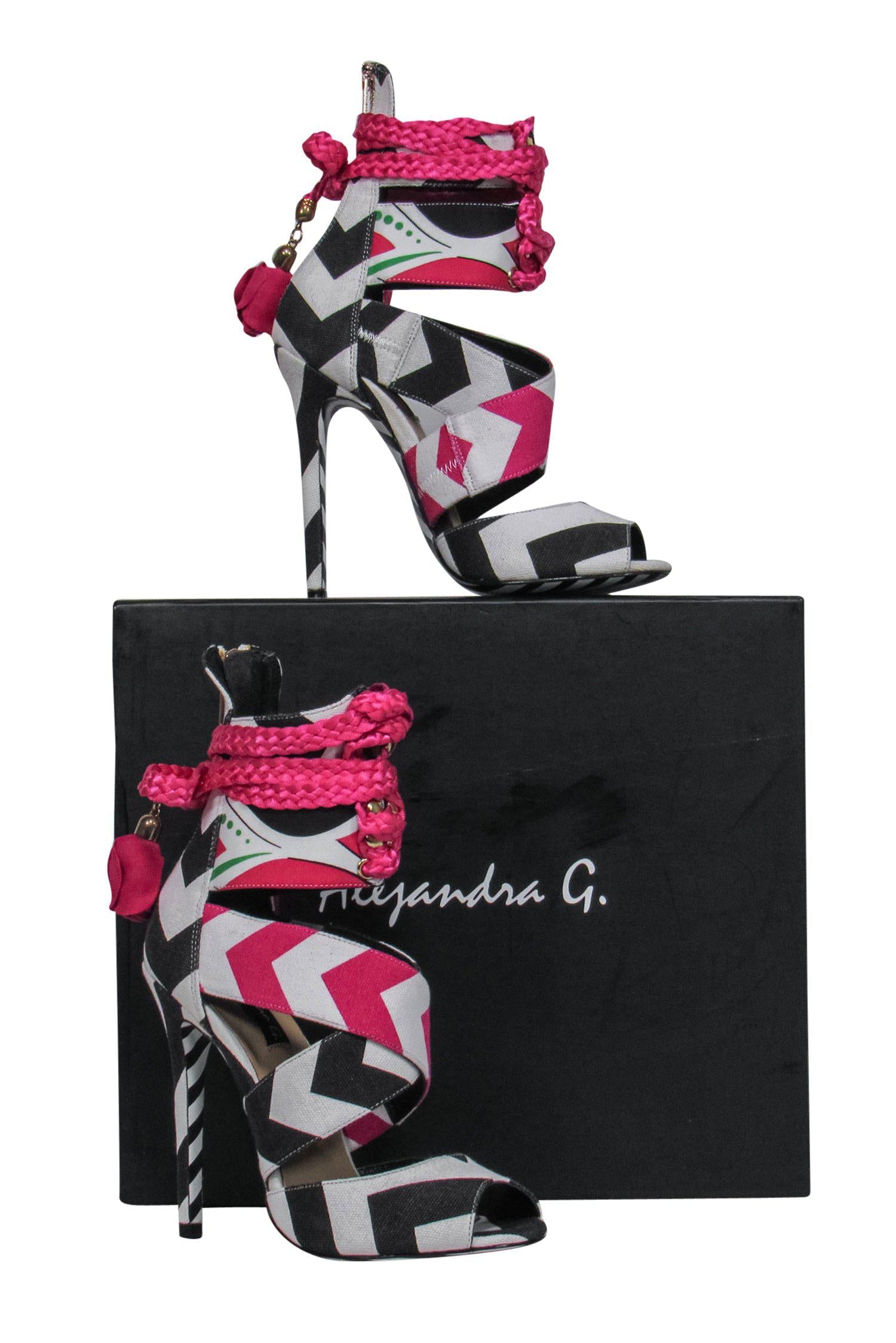 Alejandra G. Black & White Chevron Lace - Up Santiago Stilettos with Pink Rose Tassels (Size 6)