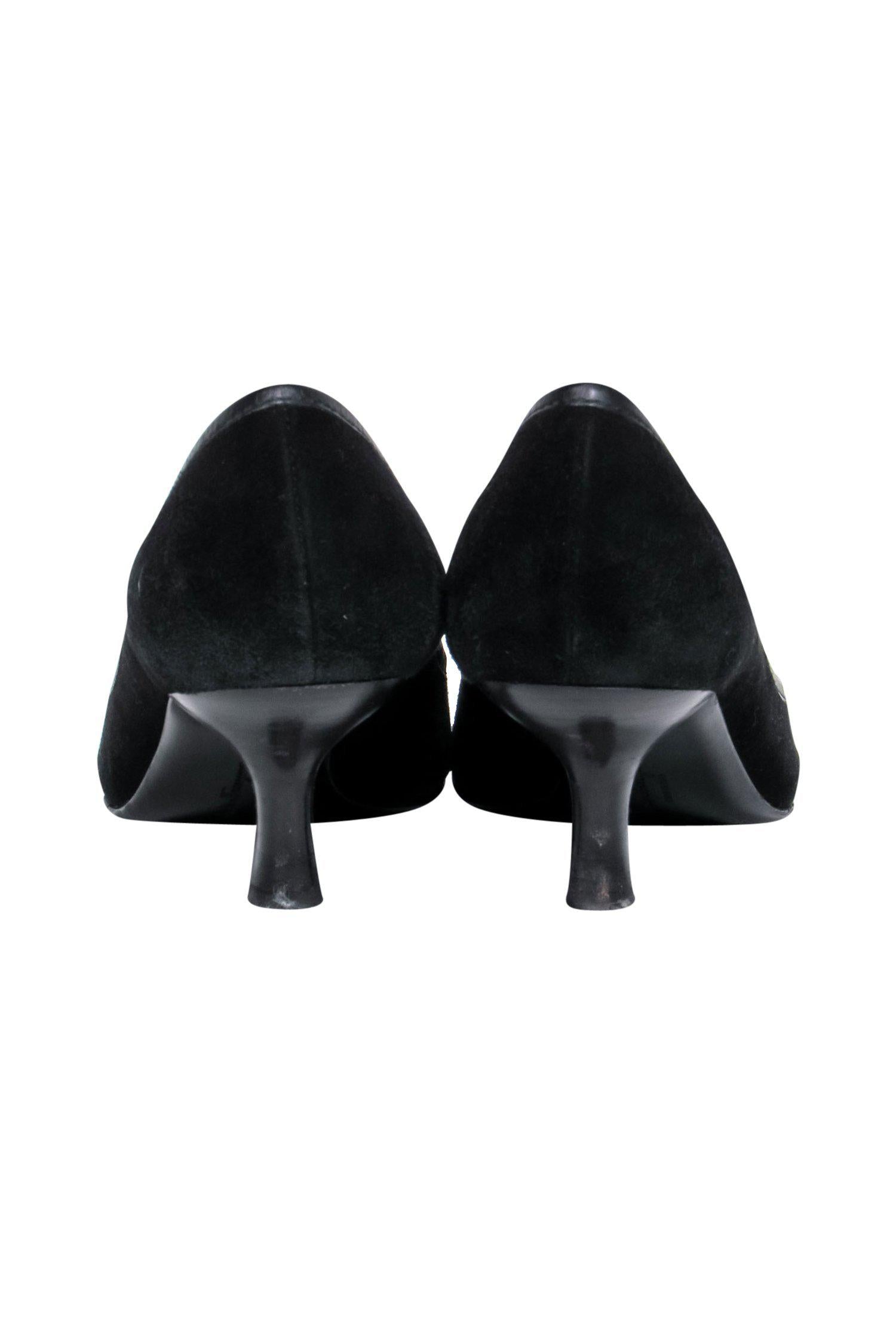 Ferragamo Black Suede Pointed-Toe Kitten Heels with Buckle Detail - Size 6.5