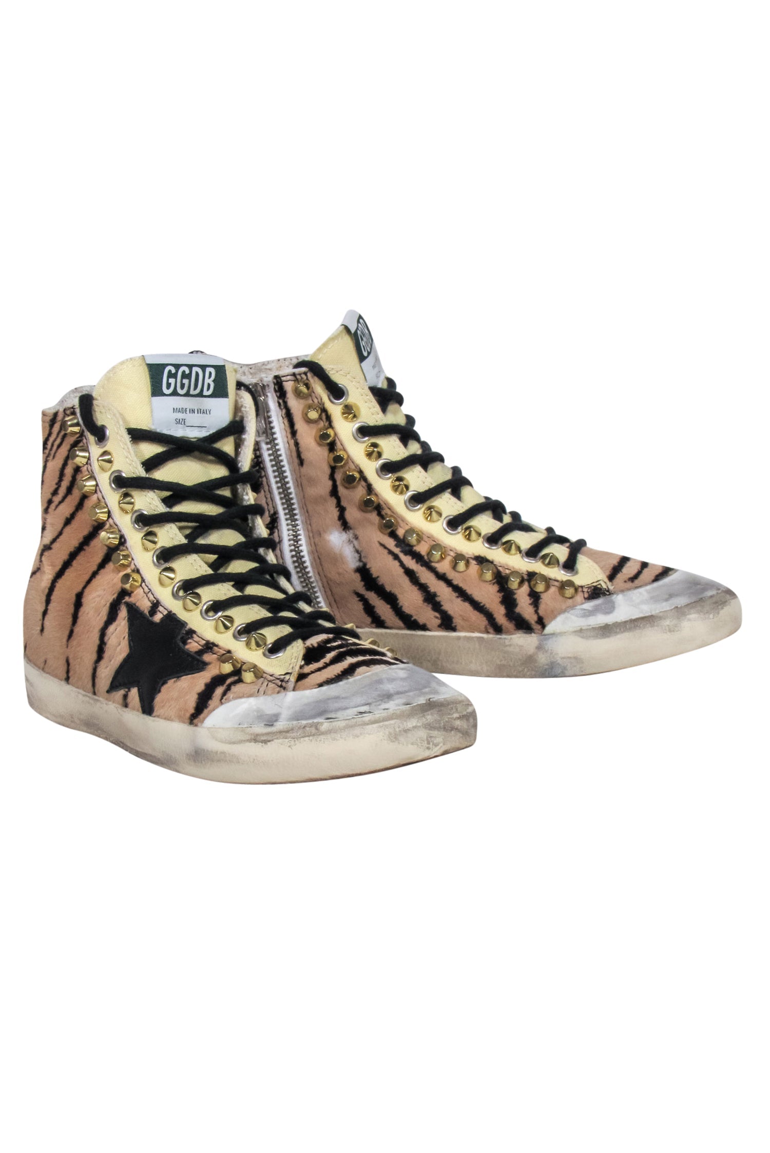 Golden Goose Beige & Black Tiger Print Studded High - Top Sneakers in Size 8 - Make a Statement!