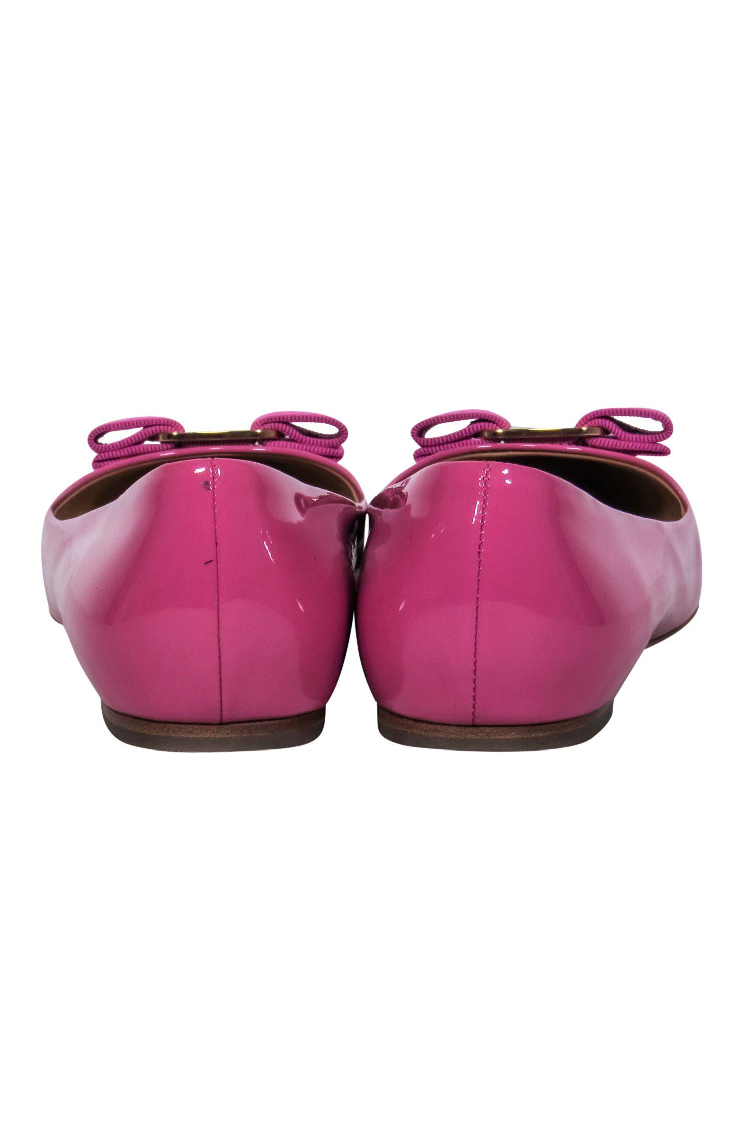 Ferragamo Pink Patent Leather Varina Ballet Flats with Bow - Size 8