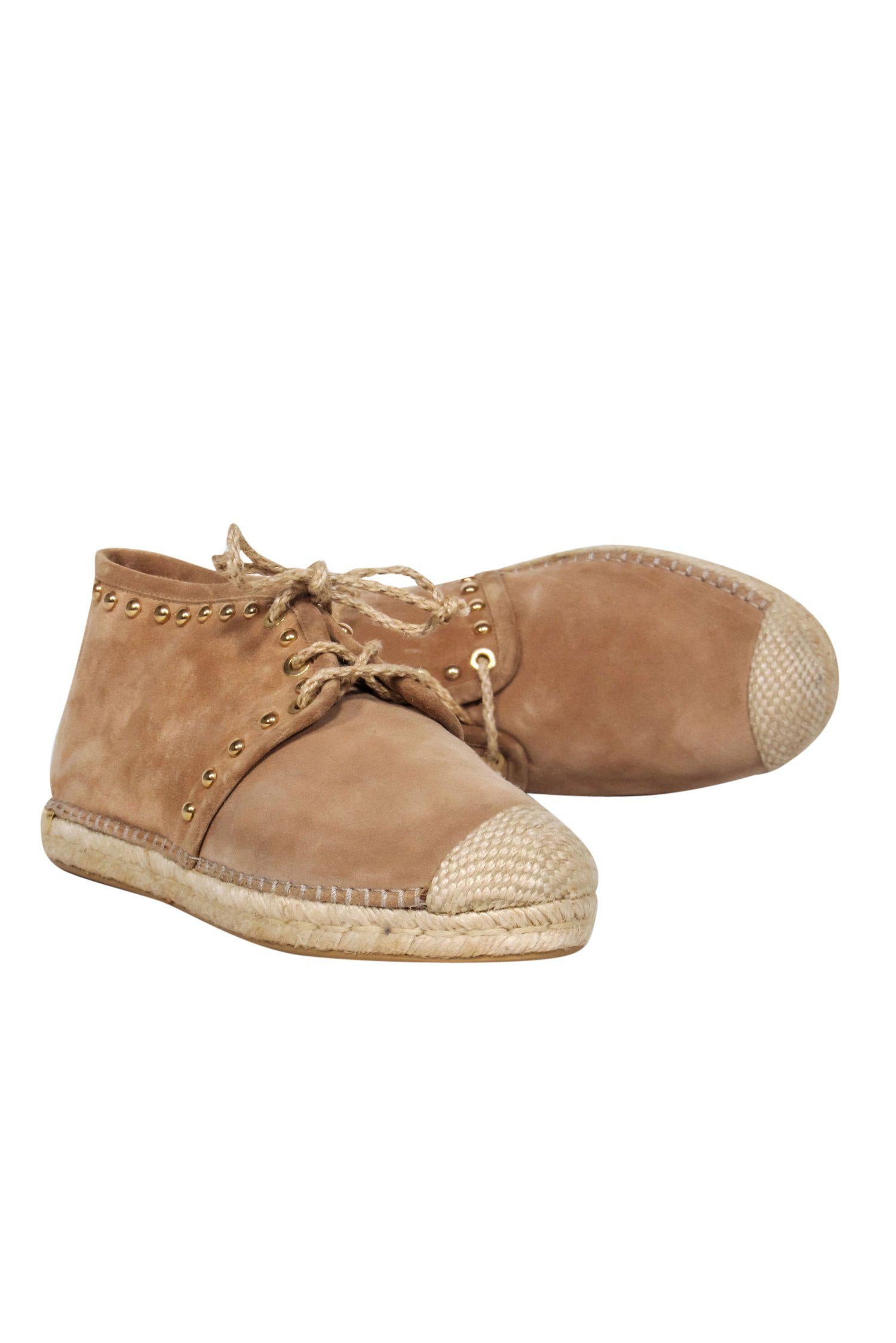 Stuart Weitzman's Gorgeous Beige Suede Lace - Up High Top Espadrilles with Gold Studs, Size 8