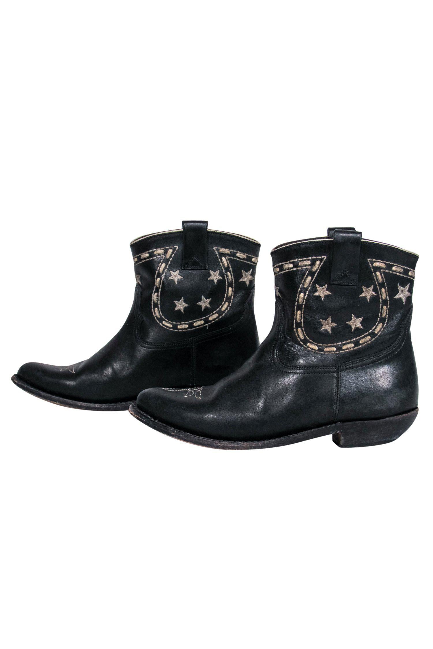Golden Goose Black Western Distressed Boots with White Star Stitching - Size 6