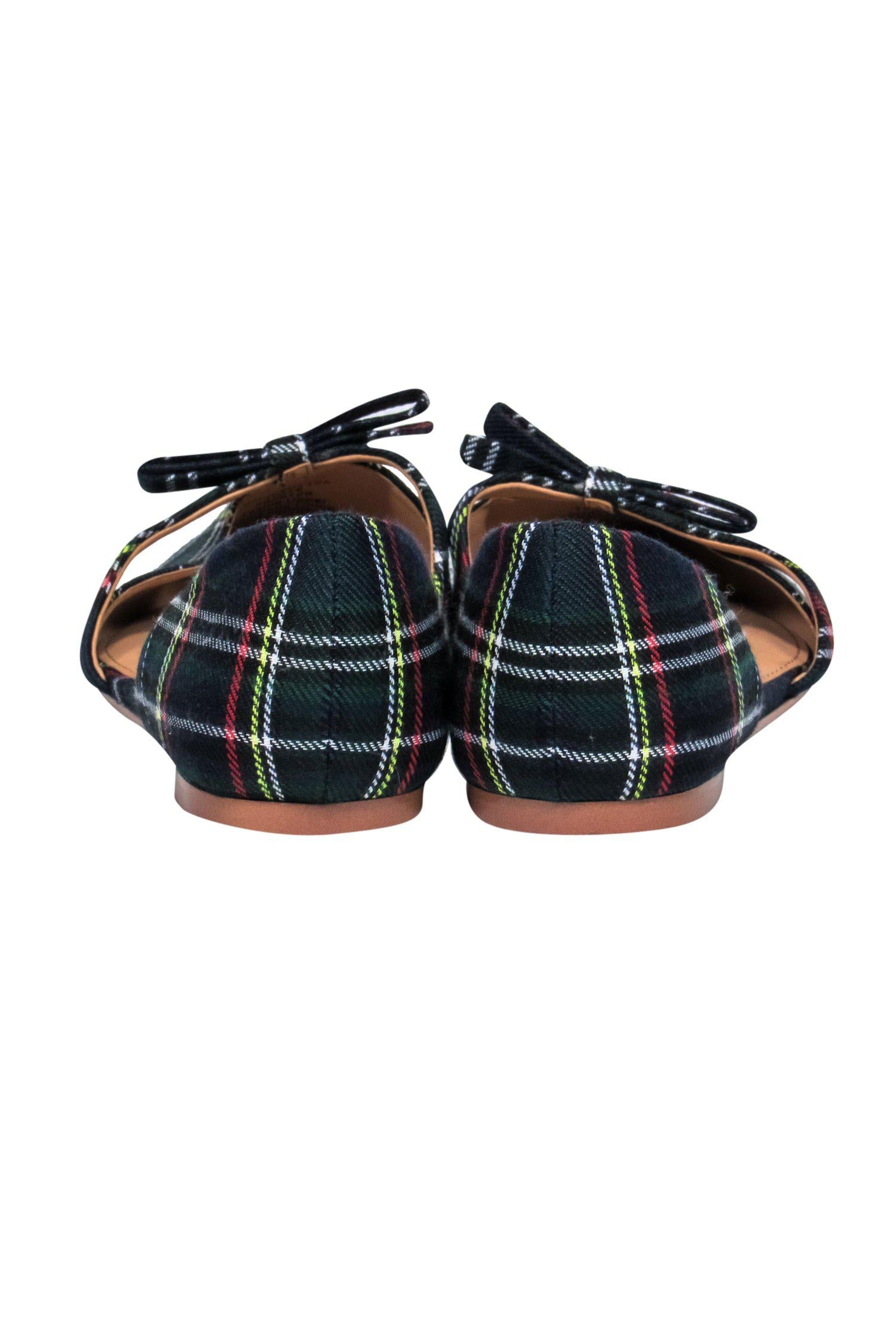 J.Crew Navy & Green Plaid Bow-Pointed Toe D'Orsay Flats - Size 8.5