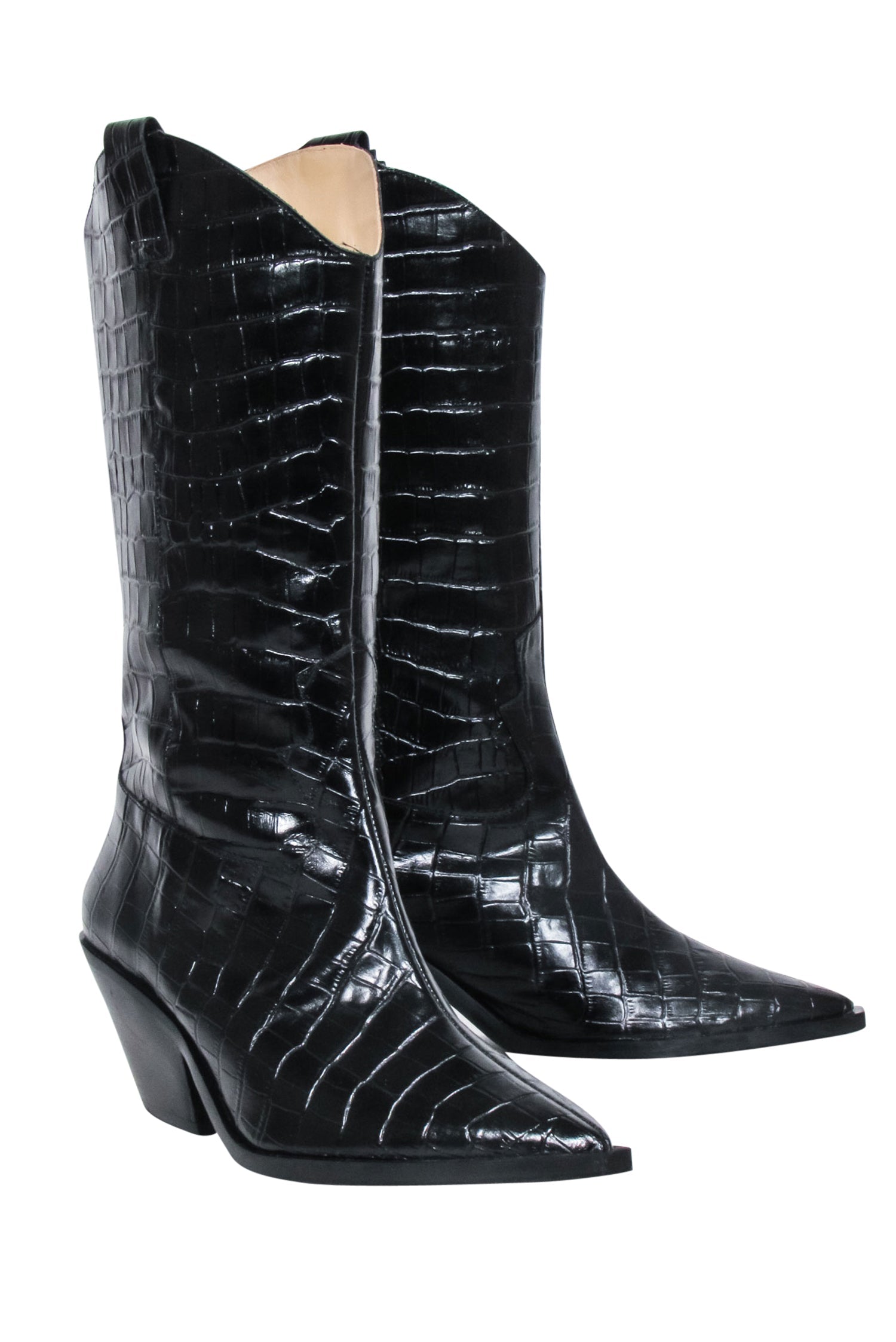 & Other Stories Black Croc-Embossed Leather Cowboy Boots - Size 9.5