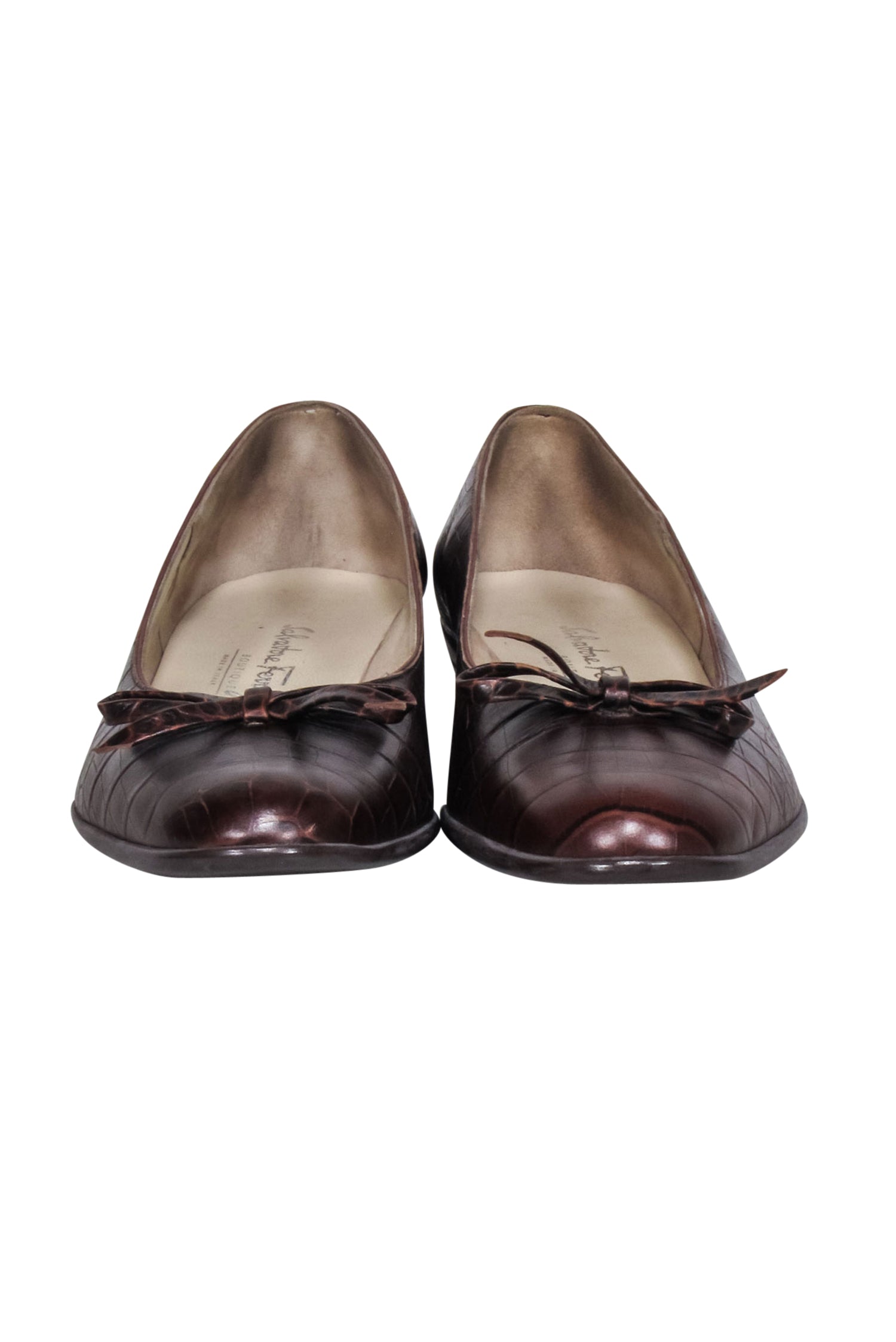 Ferragamo Brown Croc-Embossed Leather Bow Toe Flats - Size 7 - Irresistible Fashion!