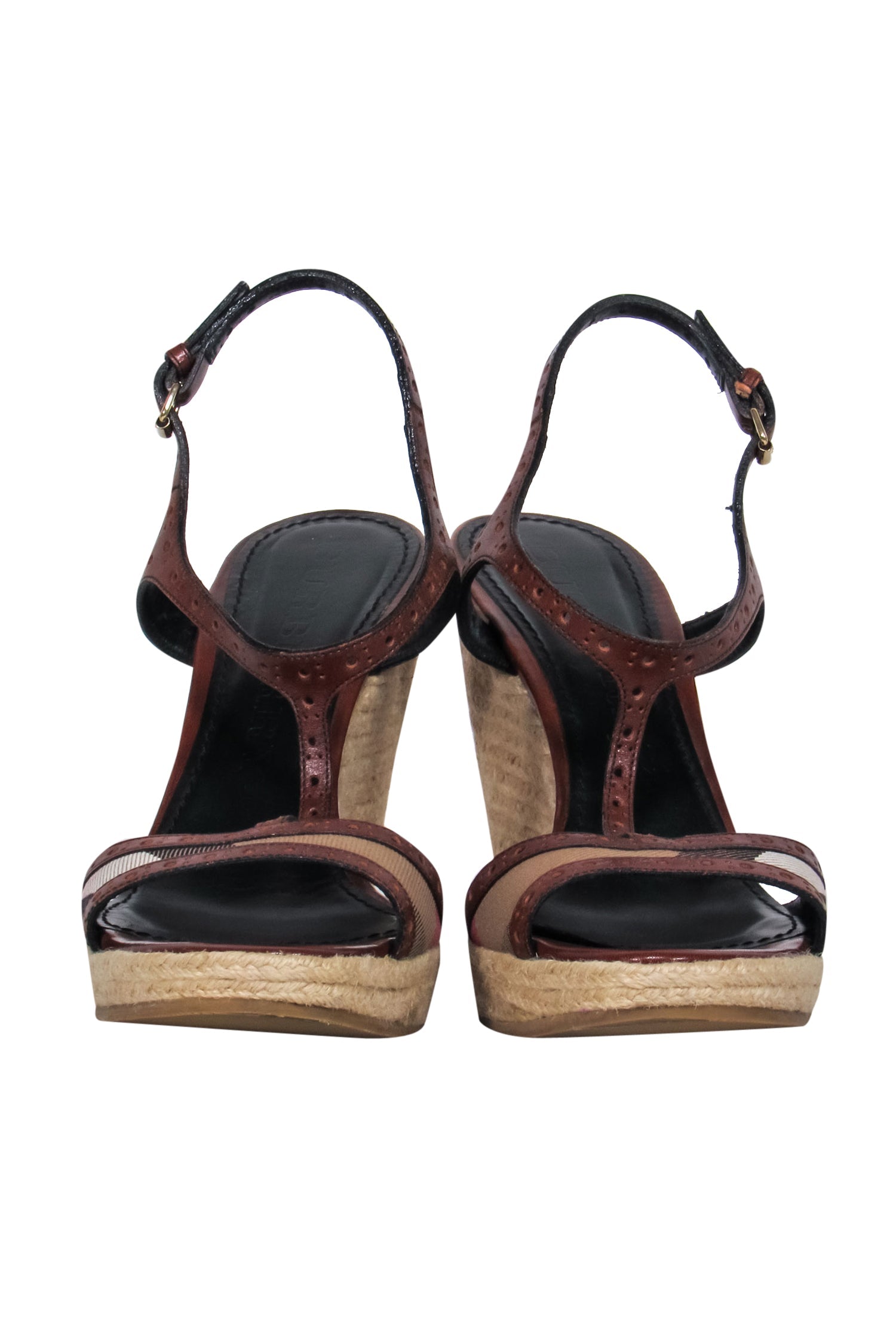 Burberry Brown Eyelet Leather & Tartan Print T-Strap Woven Wedges - Size 11