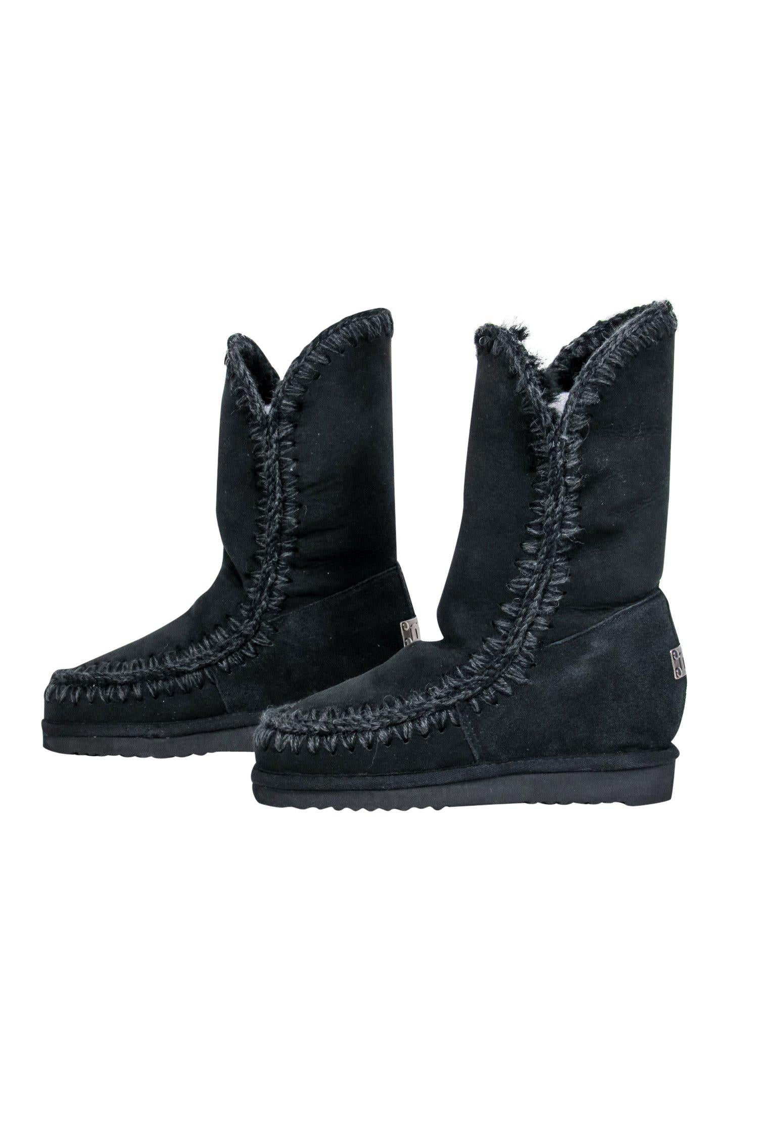 Mou Black Sheepskin Suede Eskimo-Style Wedge Boots - Size 6