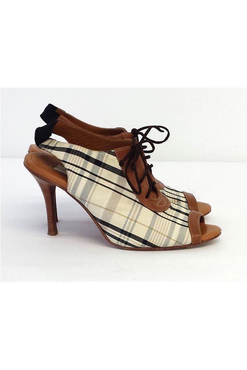 Olivia Rose Tal: Stylish Plaid & Leather Lace - Up Slingback Heels in Size 7